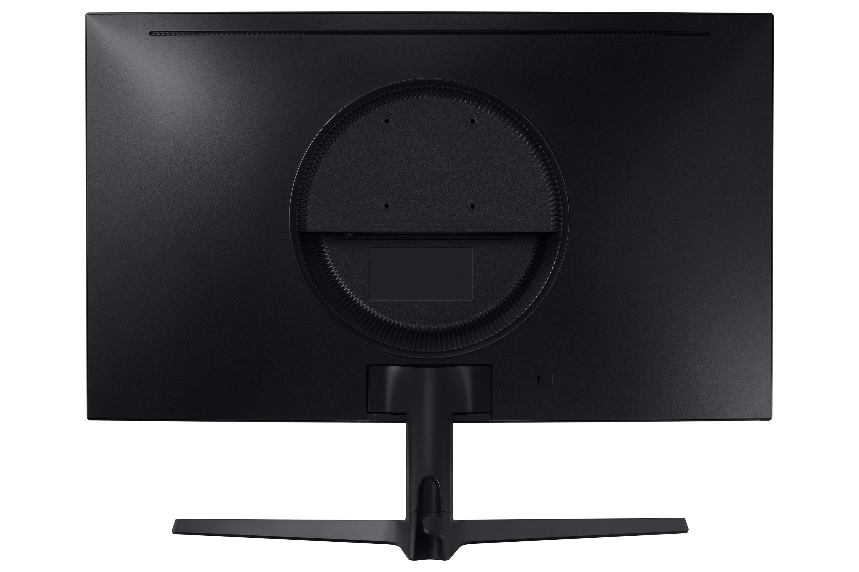 Retro di un monitor Samsung nero con area di montaggio centrale e supporto. La base è visibile e le porte sono mostrate.