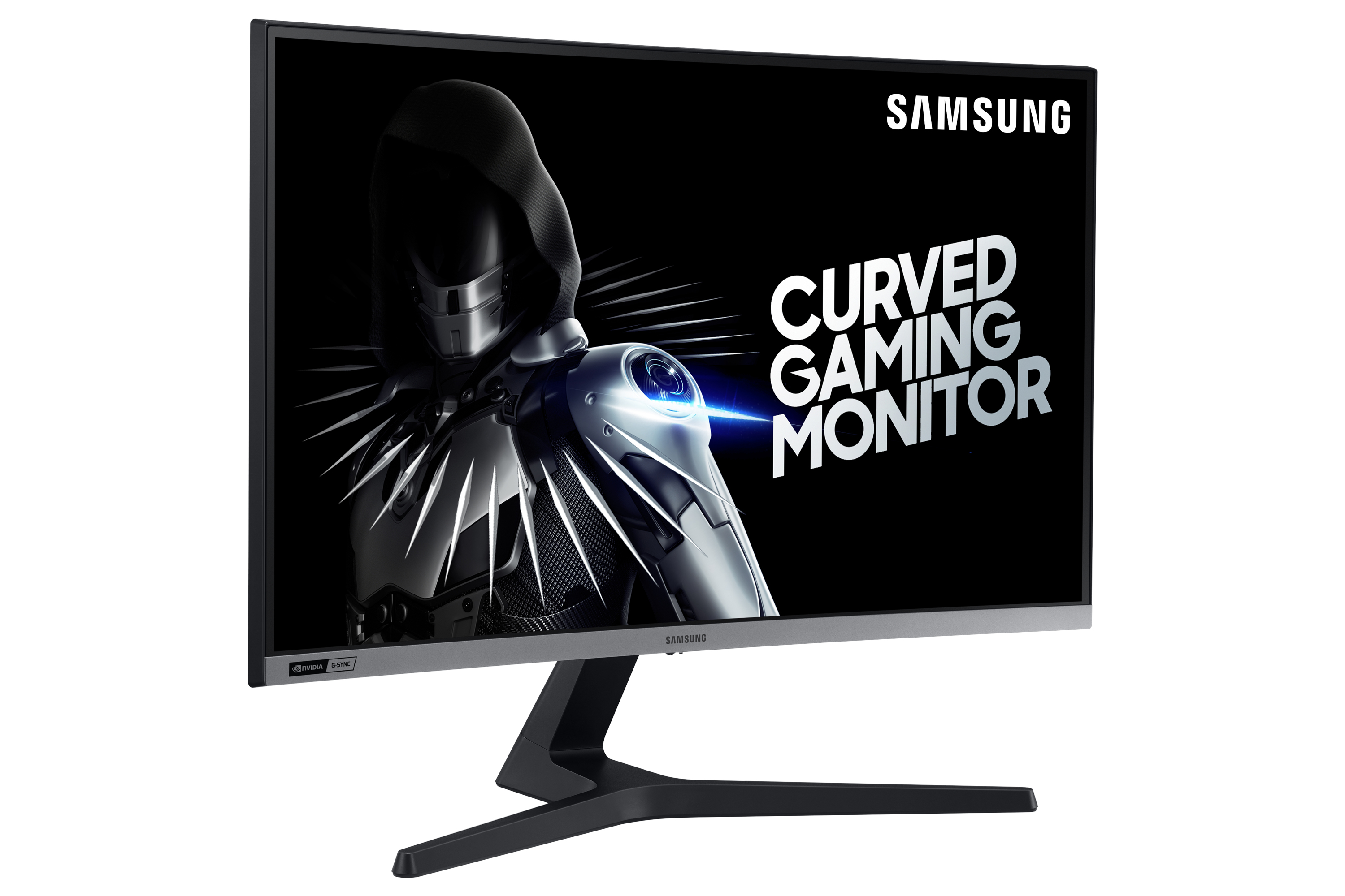 Monitor da gioco curvo che mostra una figura incappucciata, con testo.