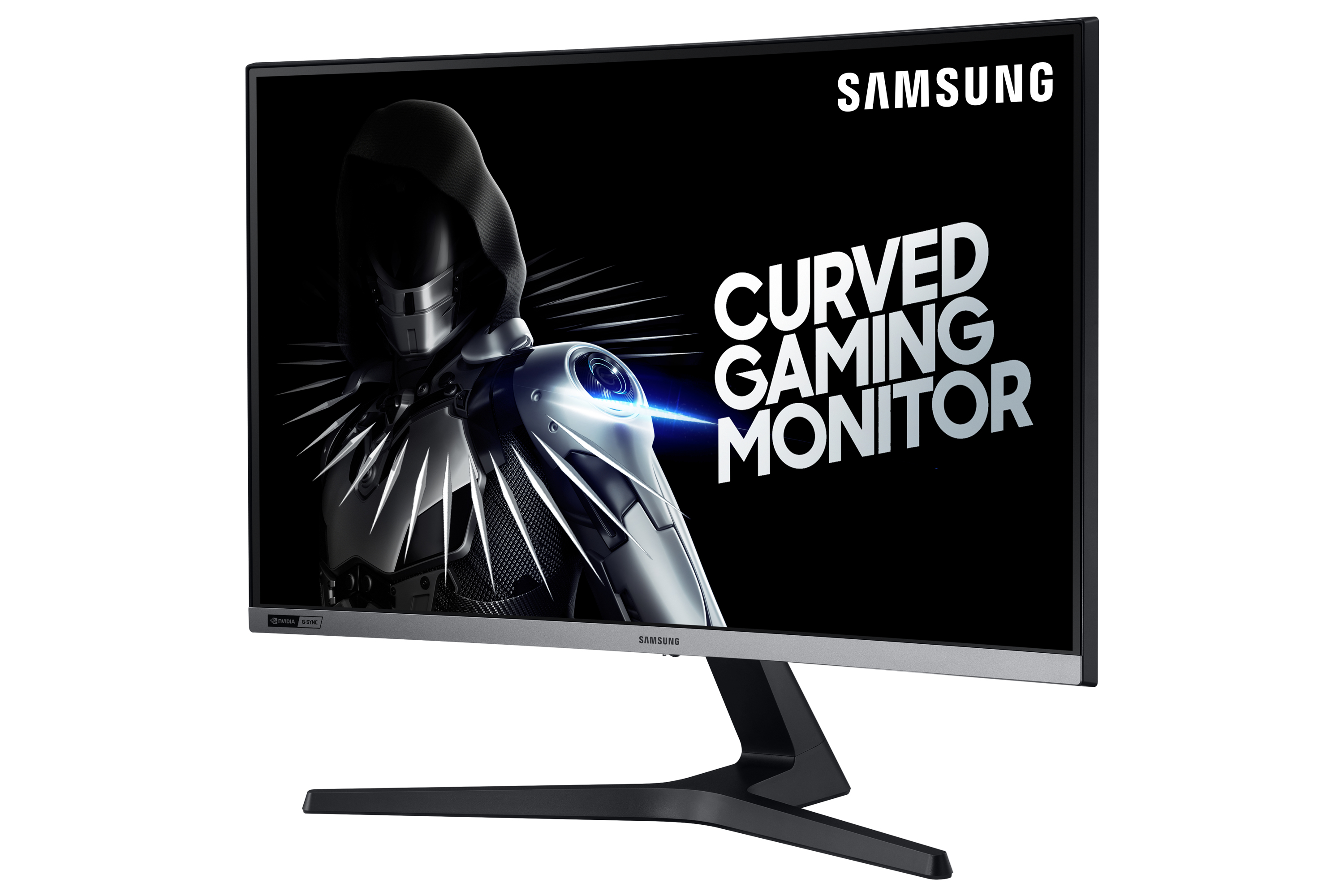 Monitor curvo da gioco con scena di gioco. Cornice nera, supporto argentato e logo Samsung.