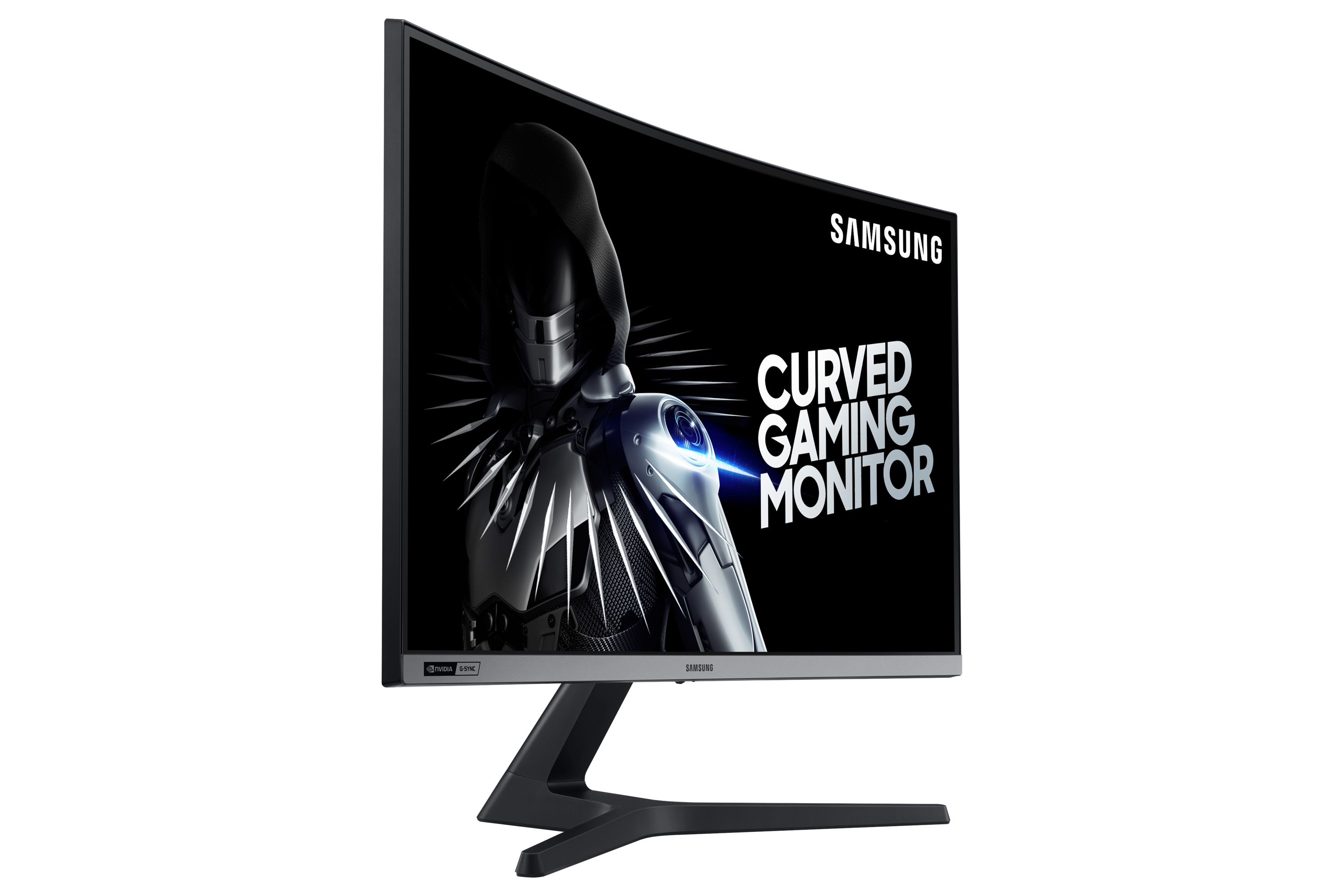Un monitor curvo per il gaming con il logo Samsung. Lo schermo mostra una scena spaziale.