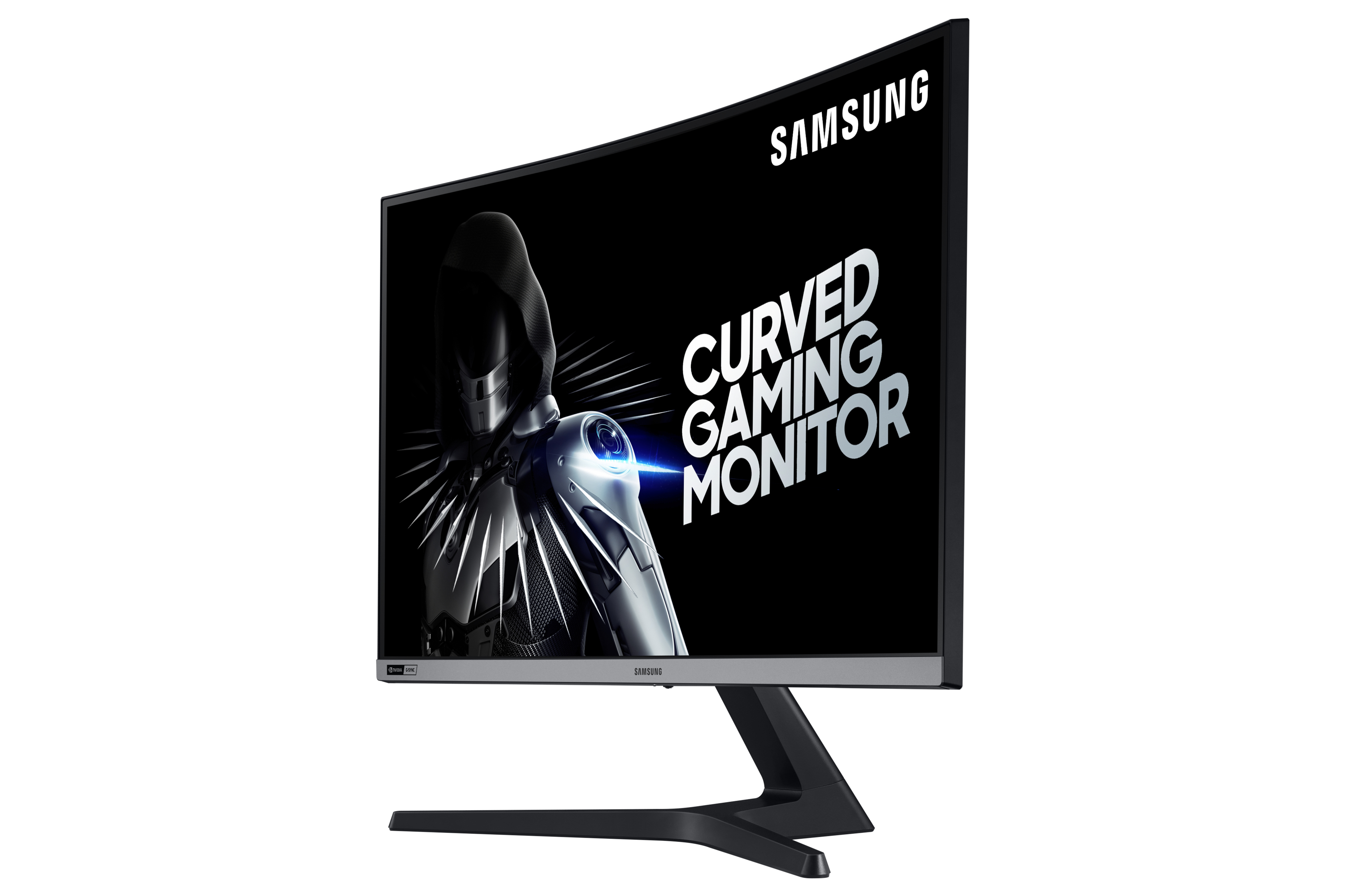 Monitor curvo per gaming con schermo nero e testo bianco.