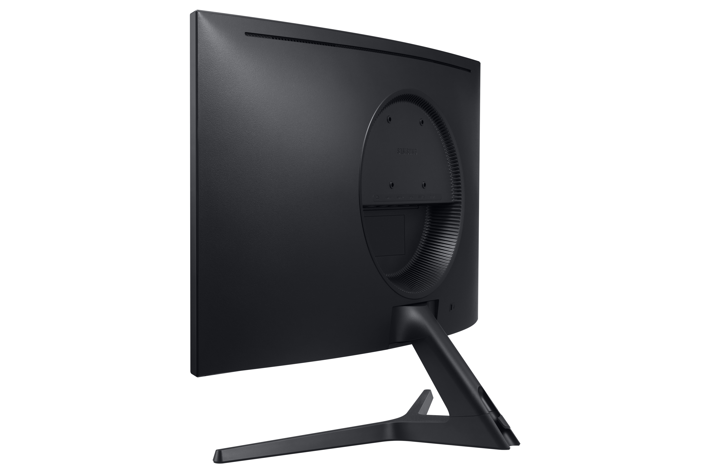 La vista posteriore di un monitor Samsung nero, che mostra il supporto e il logo Samsung.