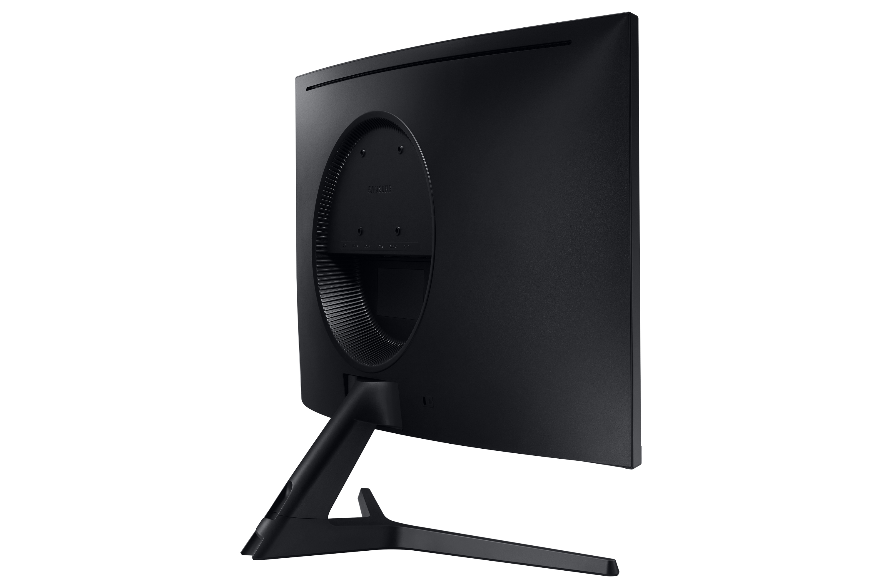 Monitor Samsung nero, vista posteriore, mostra il supporto e le porte.