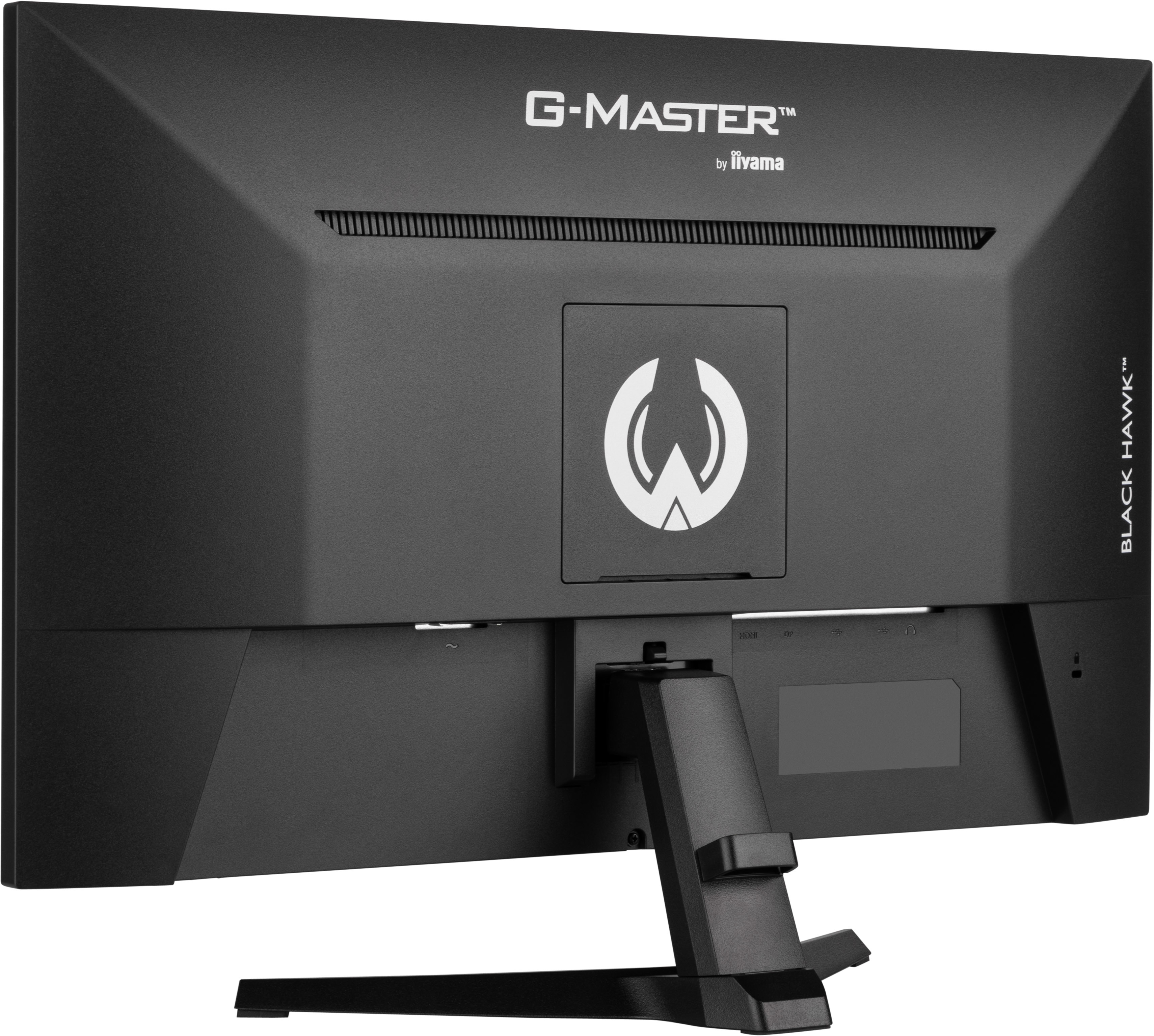 Vista trasera de un monitor negro. Logotipo G-MASTER de Iiyama, texto Black Hawk. Soporte y puertos en la parte inferior.