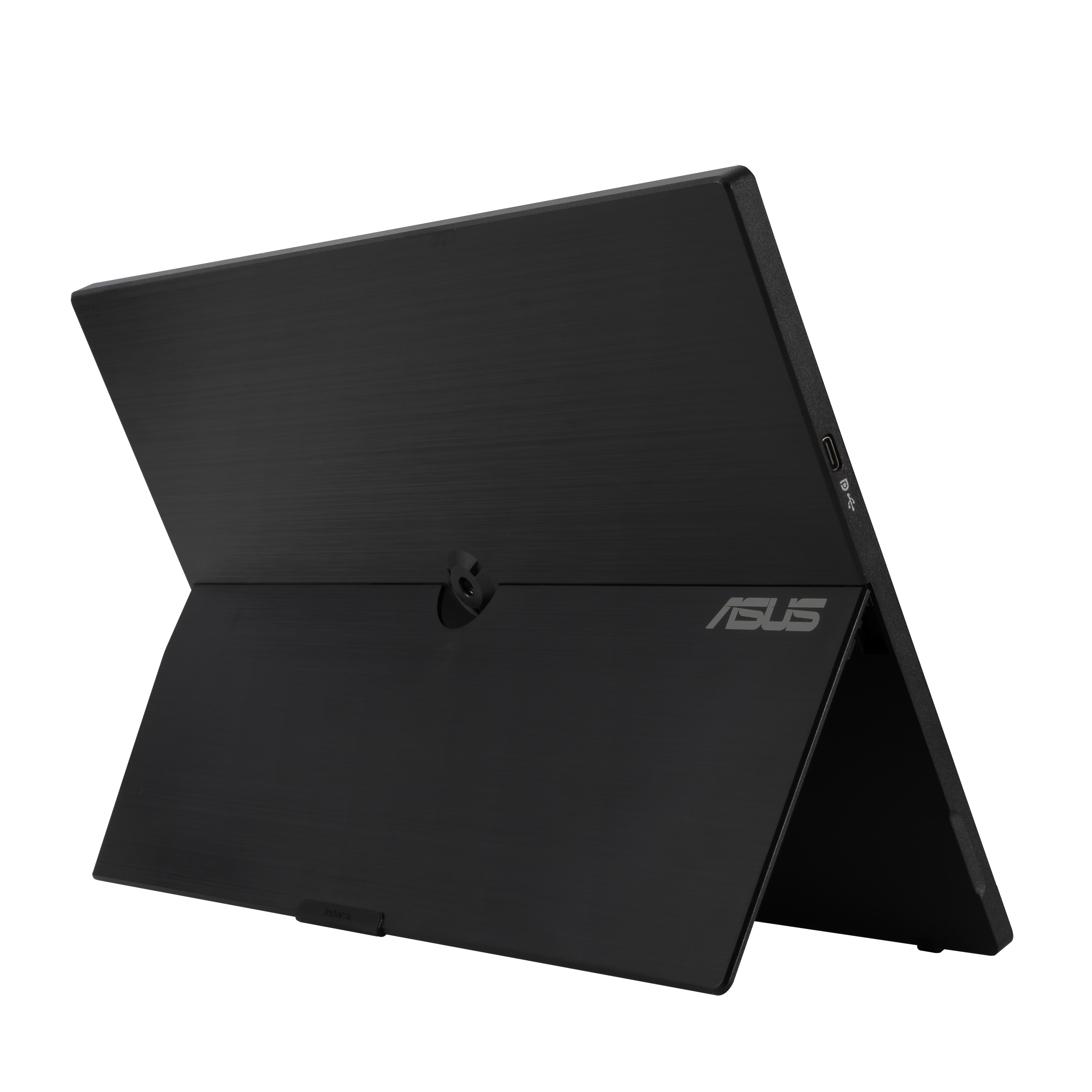 Czarny tablet ze stojakiem, otwarty, z logo Asus.