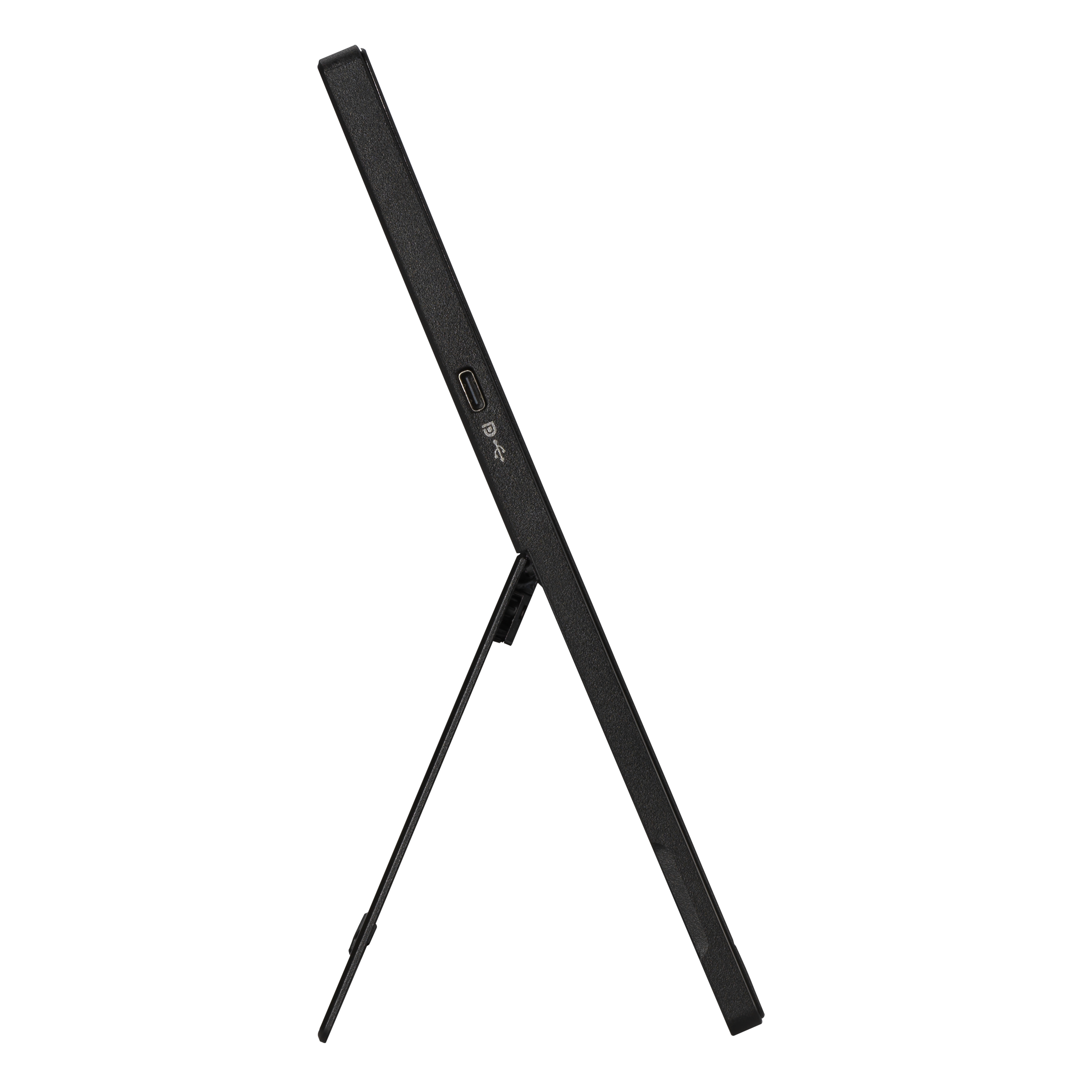 Czarny tablet z boku z podstawką. Widoczny port USB.
