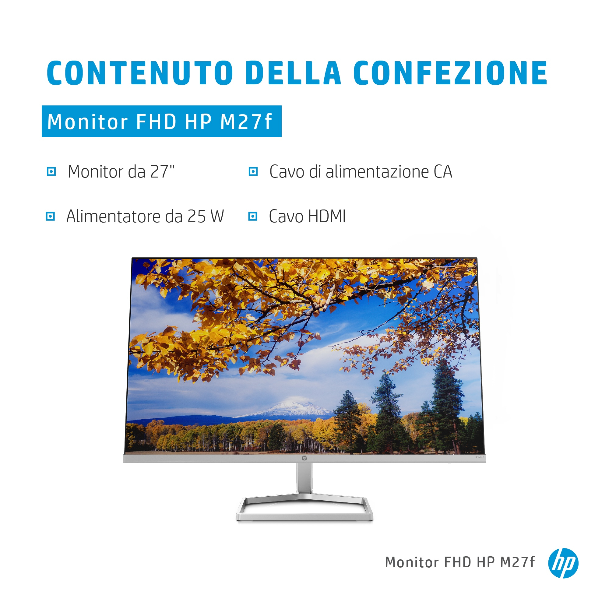 Un monitor de 27 pulgadas sobre un soporte. Texto en italiano: 'CONTENUTO DELLA CONFEZIONE' y artículos listados.