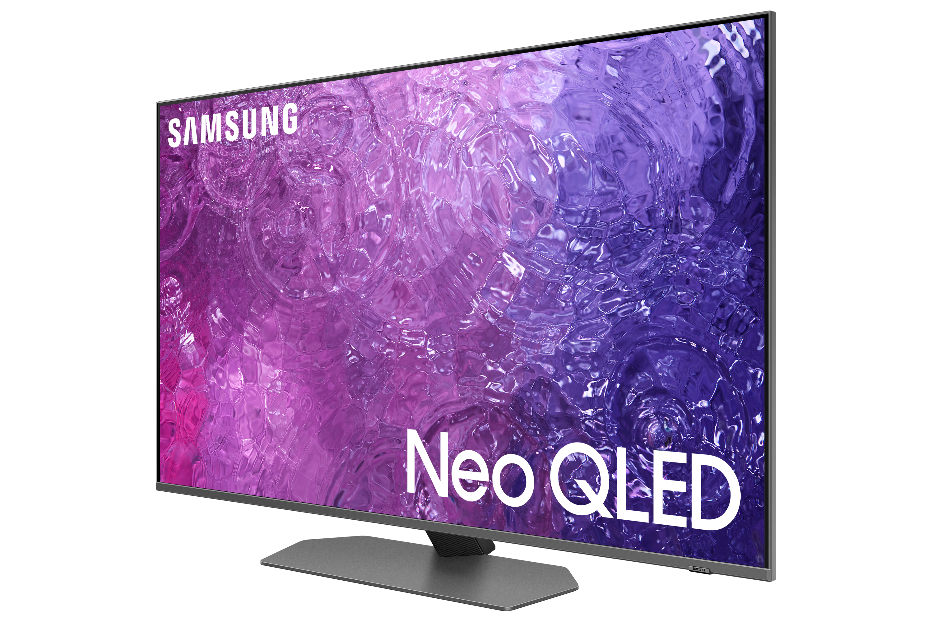 Telewizor Samsung Neo QLED. Fioletowo-biały abstrakcyjny obraz na ekranie. Czarna ramka i podstawa.