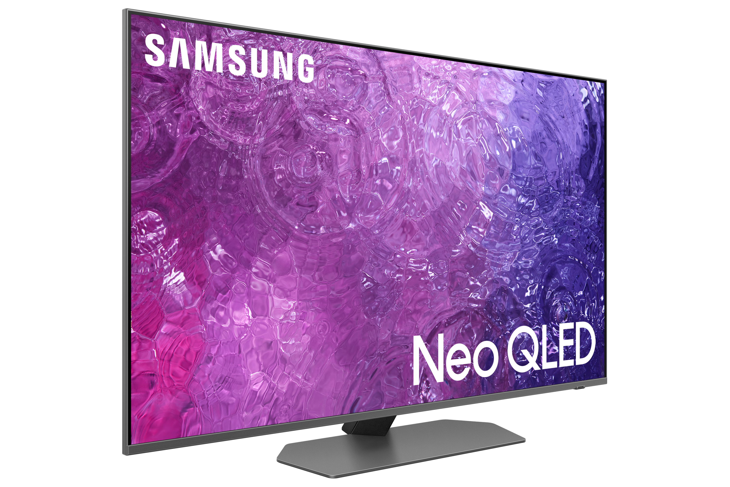 Telewizor Samsung Neo QLED z fioletowo-niebieską fakturą wody na ekranie.