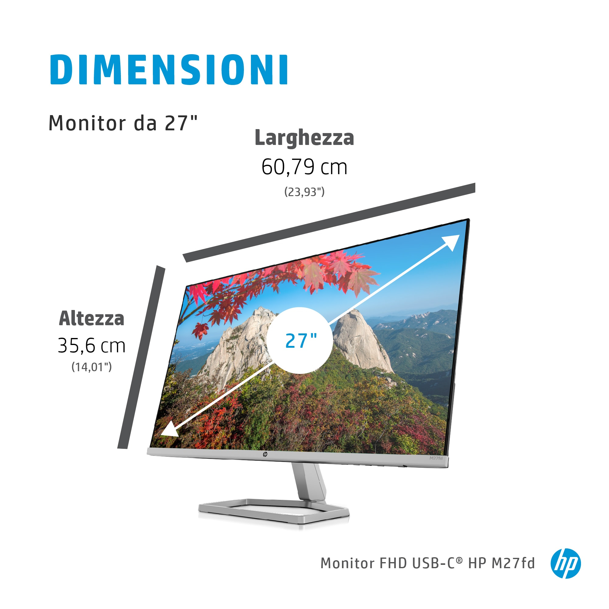 Diagramma che mostra le dimensioni di un monitor HP da 27 pollici, con misure in cm e pollici.