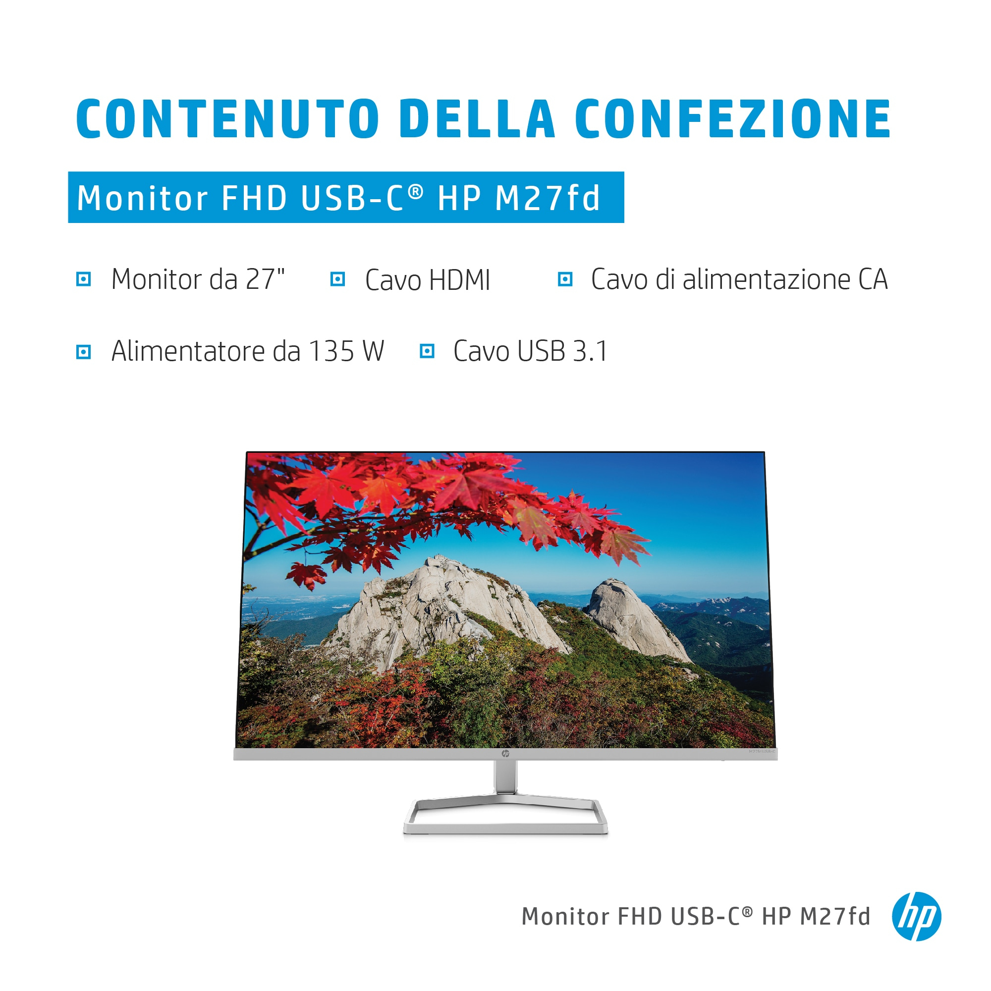 Sfondo bianco con testo che elenca i componenti del monitor e un monitor che mostra una scena di montagna e lago.