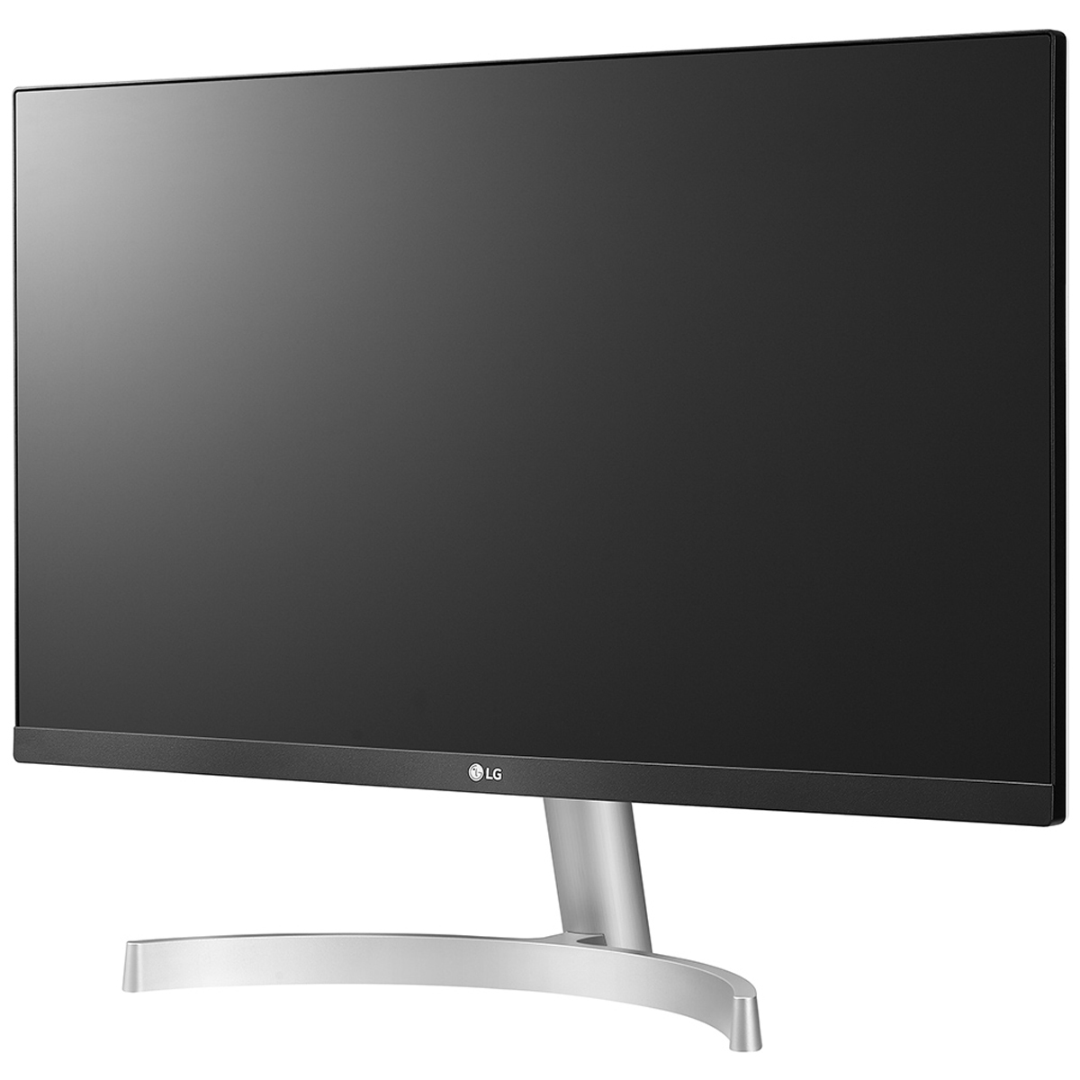 Un monitor LG con schermo nero. Il supporto è argentato e curvo.