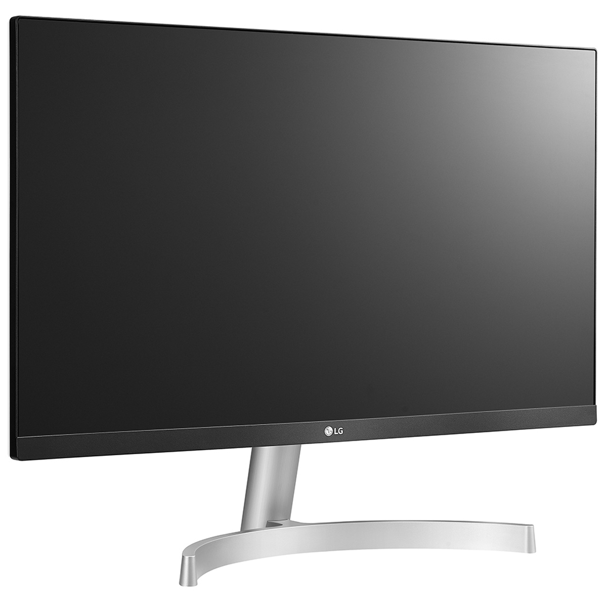 Monitor LG con schermo nero. Supporto argentato e cornice nera sottile.