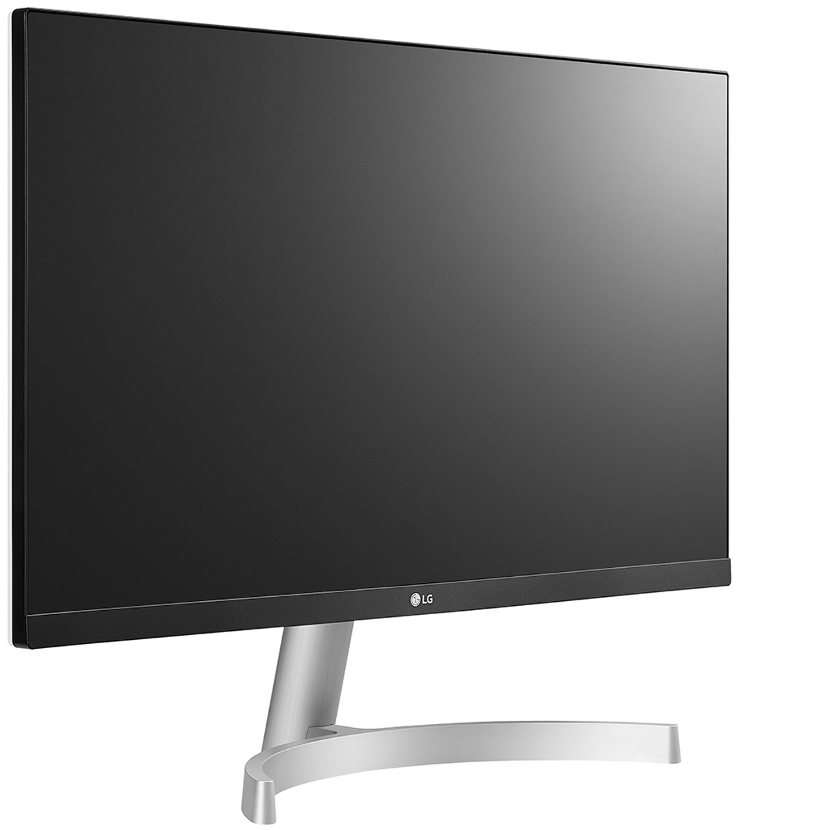 Un monitor LG con schermo scuro e supporto argento e bianco.