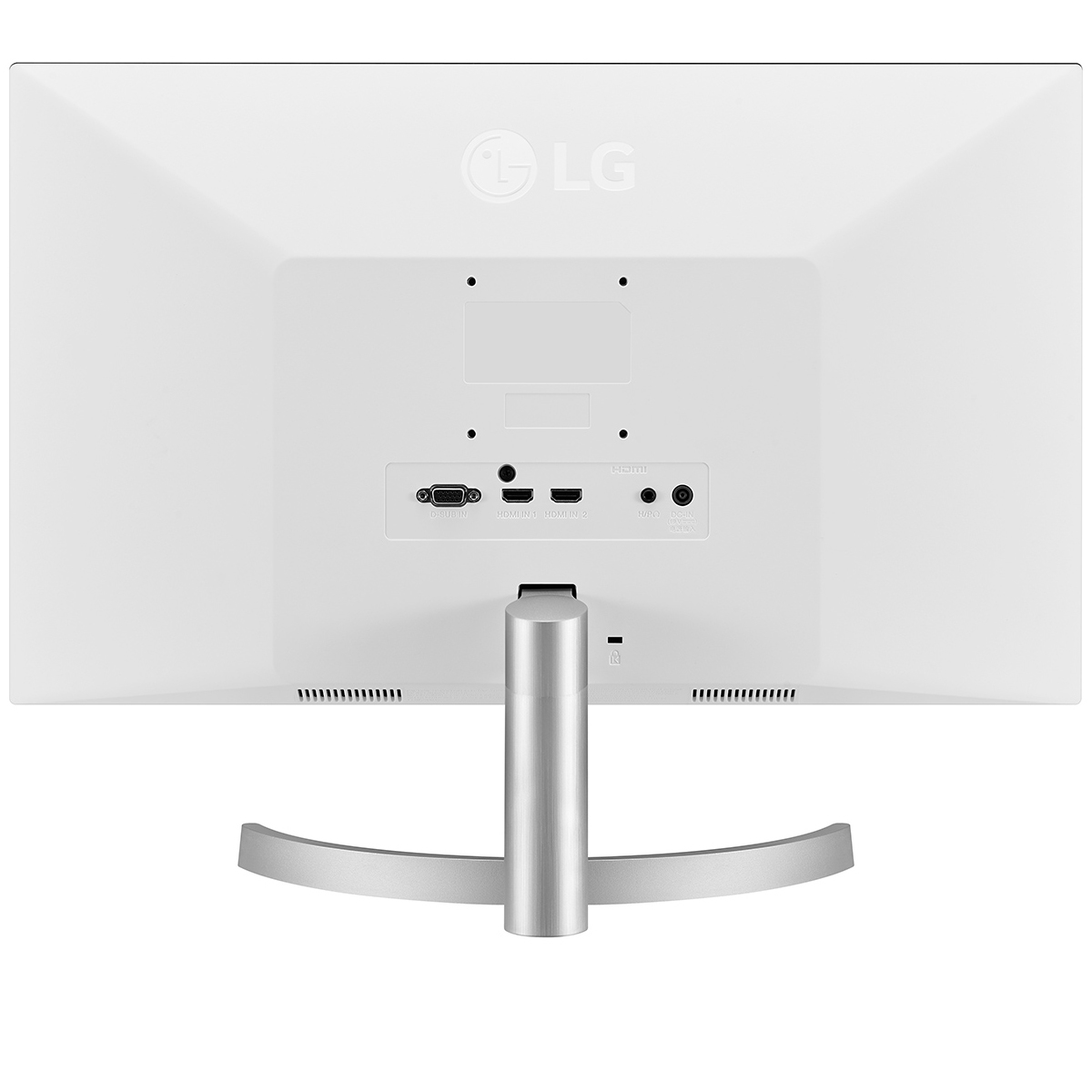 Retro di un monitor LG bianco con porte e un supporto argentato.