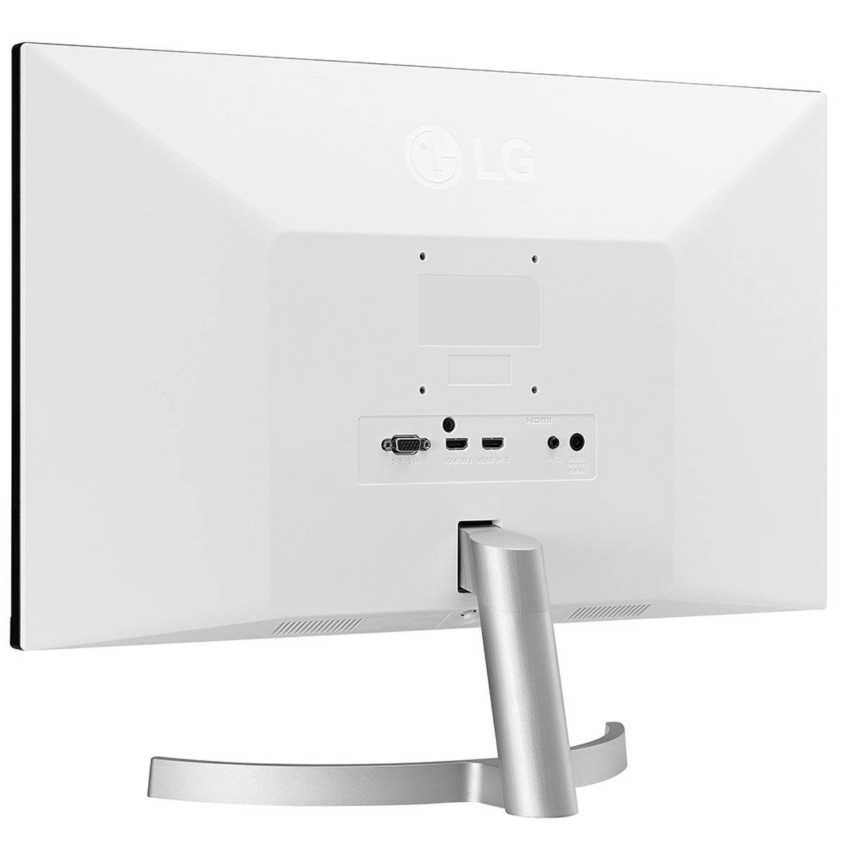 Retro di un monitor LG bianco con porte e supporto argento.