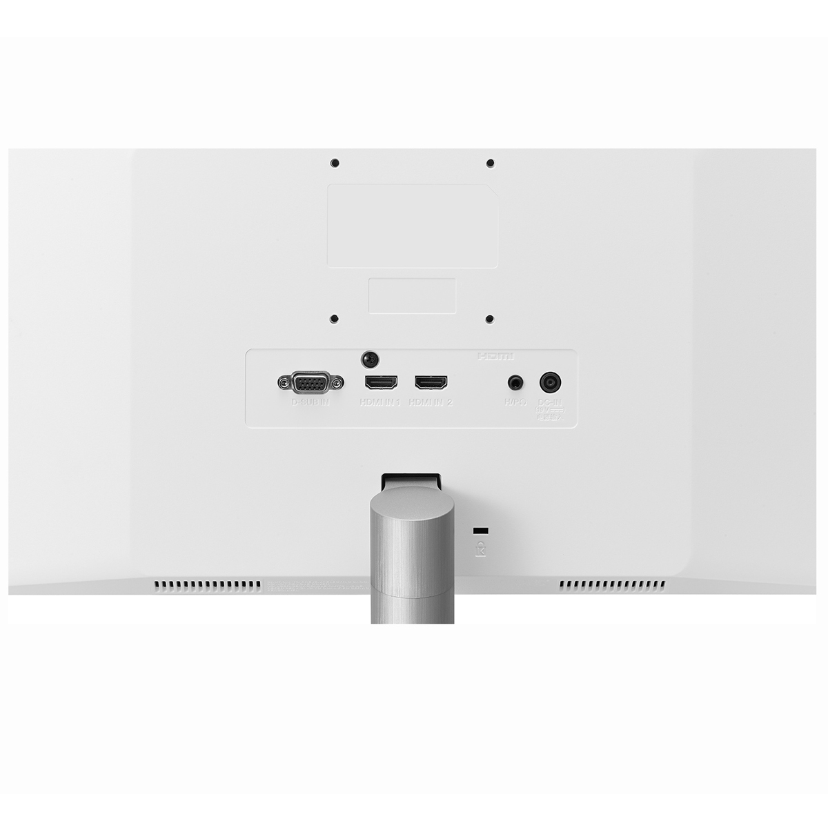 Retro di un monitor bianco con porte e supporto, design pulito.