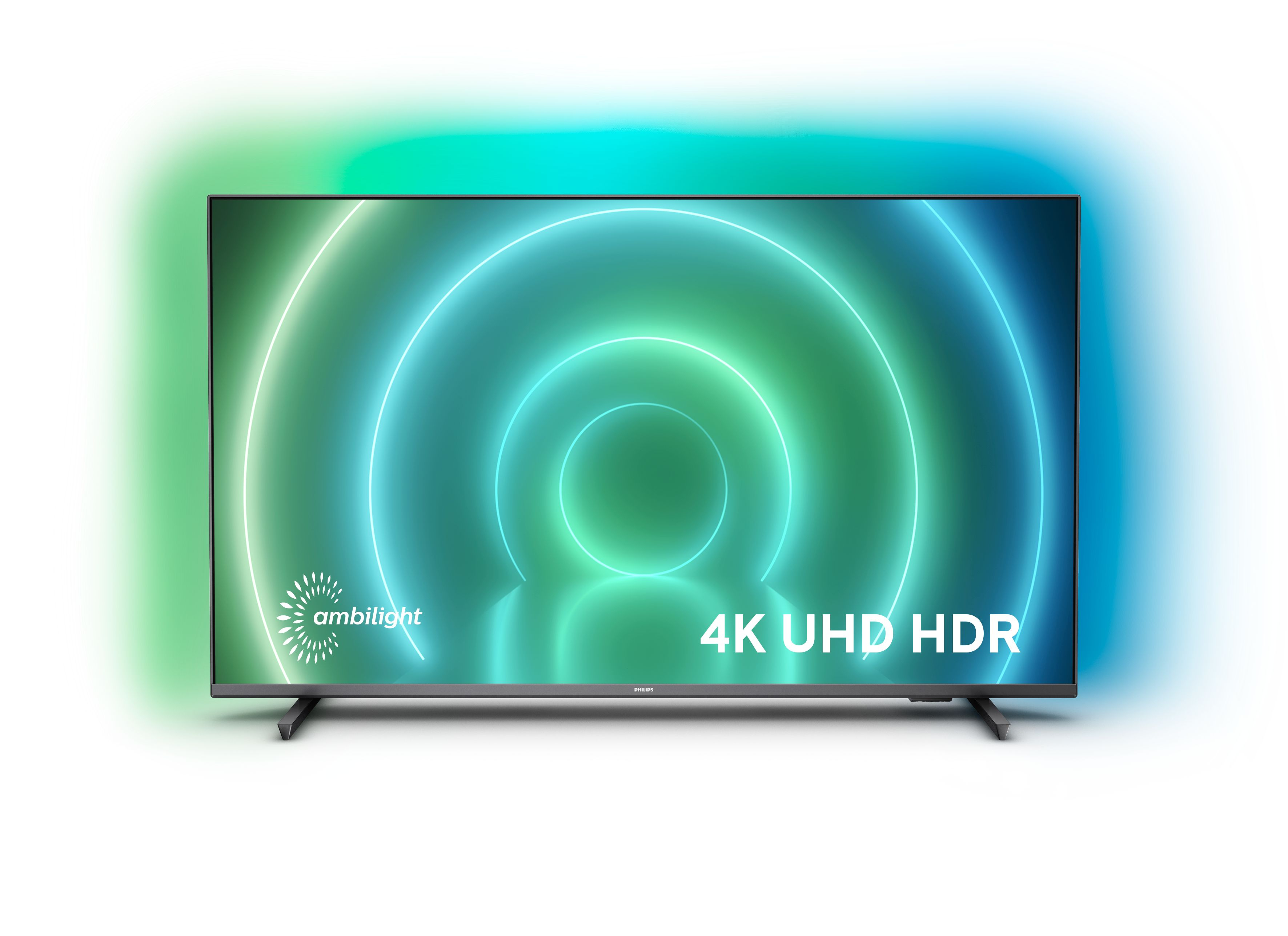 Tv-scherm met omgevingsverlichting, 4K UHD HDR, met een witte achtergrond.