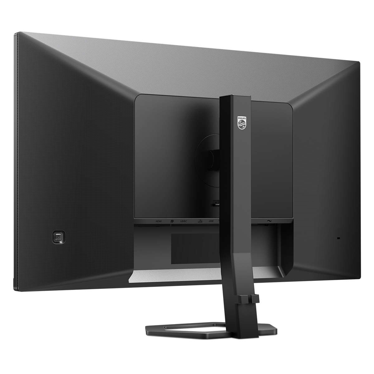 Retro di un monitor nero. Il supporto è nero, porte di connessione.
