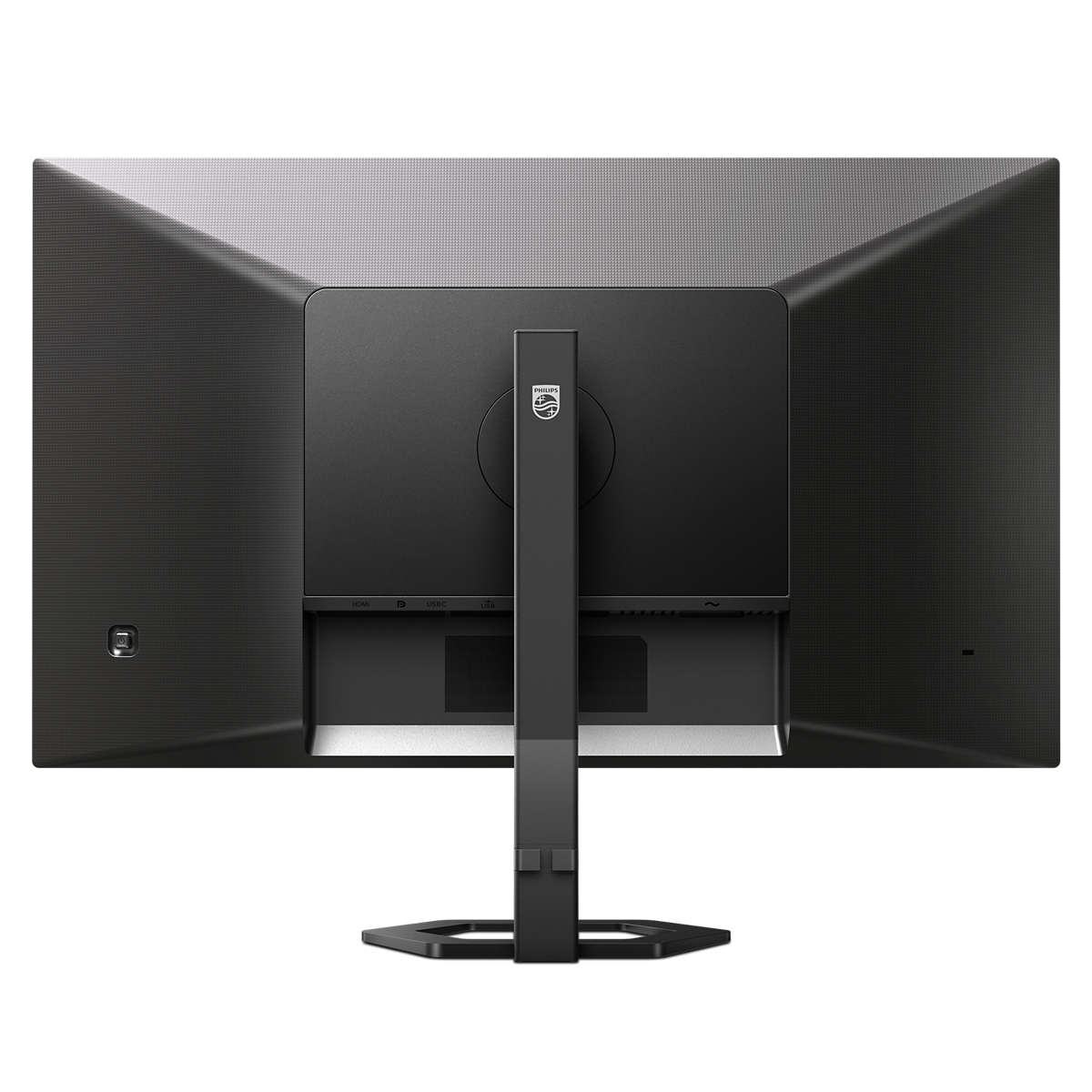 Retro di un monitor nero, con porte, attacco supporto e logo Philips.