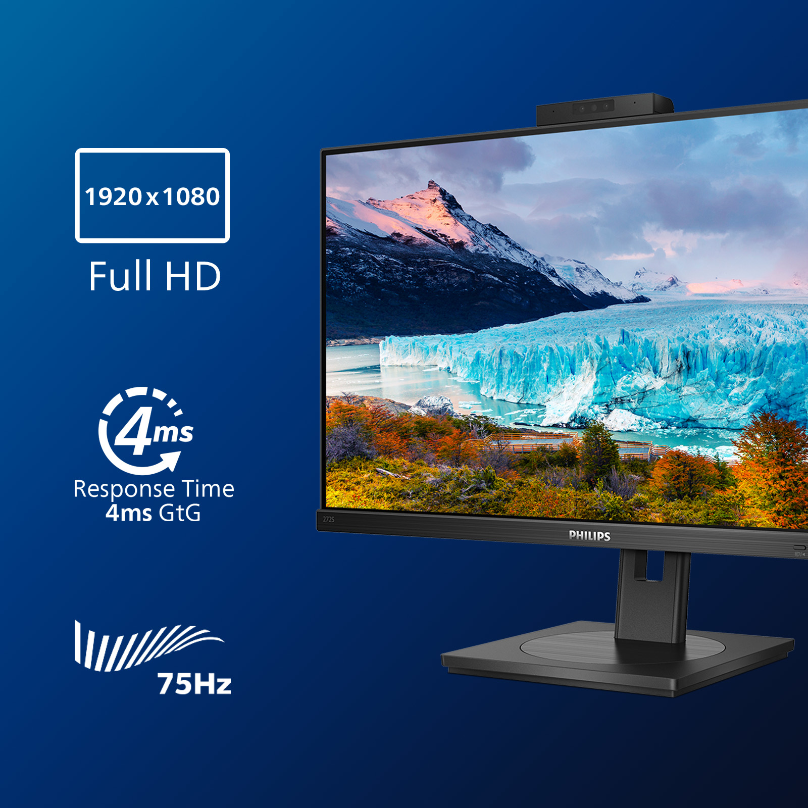 Monitor pokazujący scenę z lodowcem z tekstem wskazującym Full HD, czas reakcji 4 ms i 75 Hz.