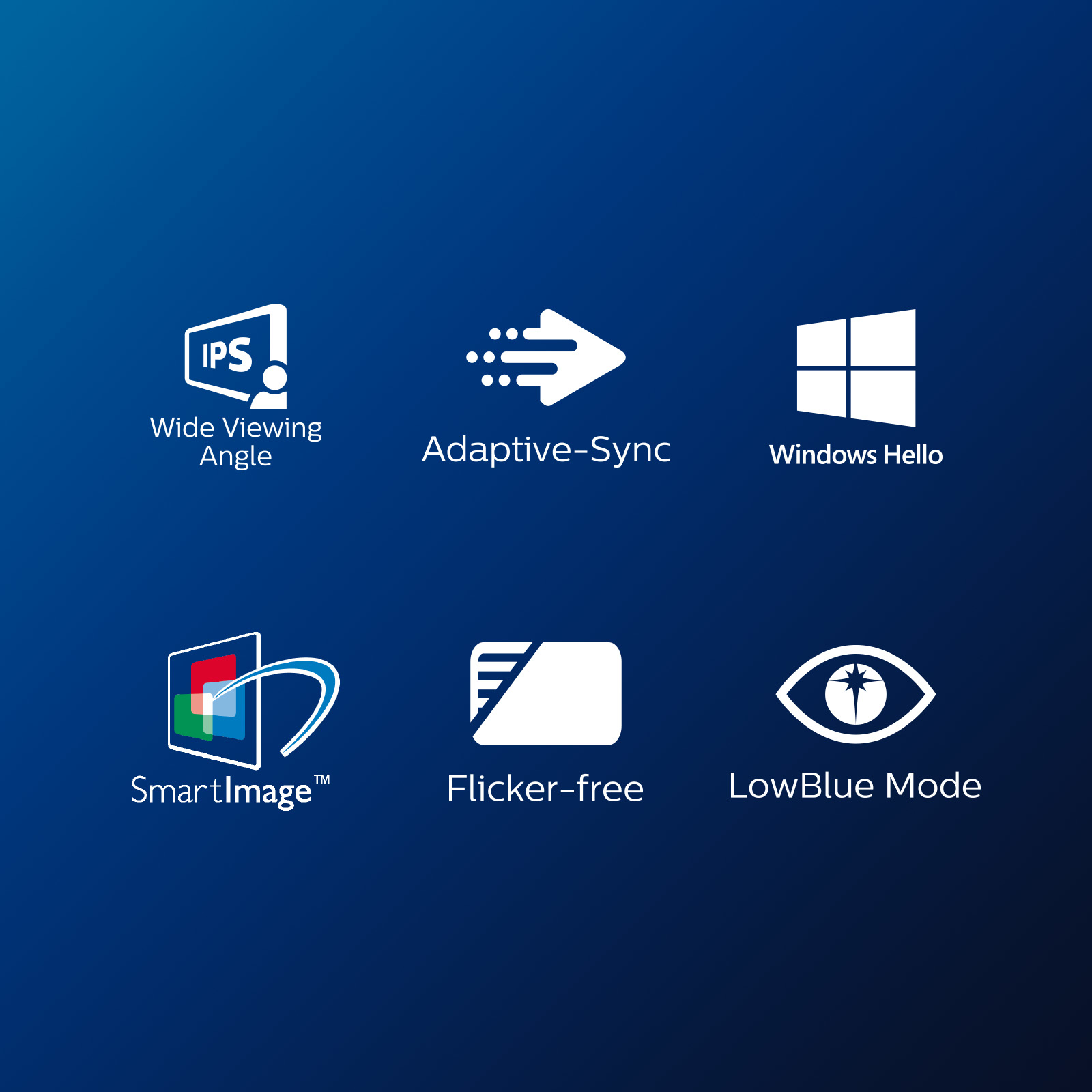 Ikony na niebieskim tle dla monitora: Szeroki kąt widzenia, Adaptive-Sync, Windows Hello itp.