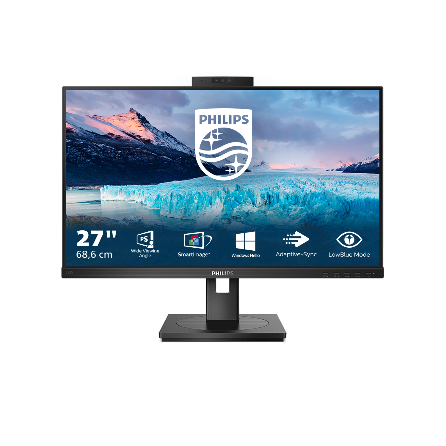 Monitor Philips z kamerą internetową, krajobrazem, ikonami i czarną podstawą.