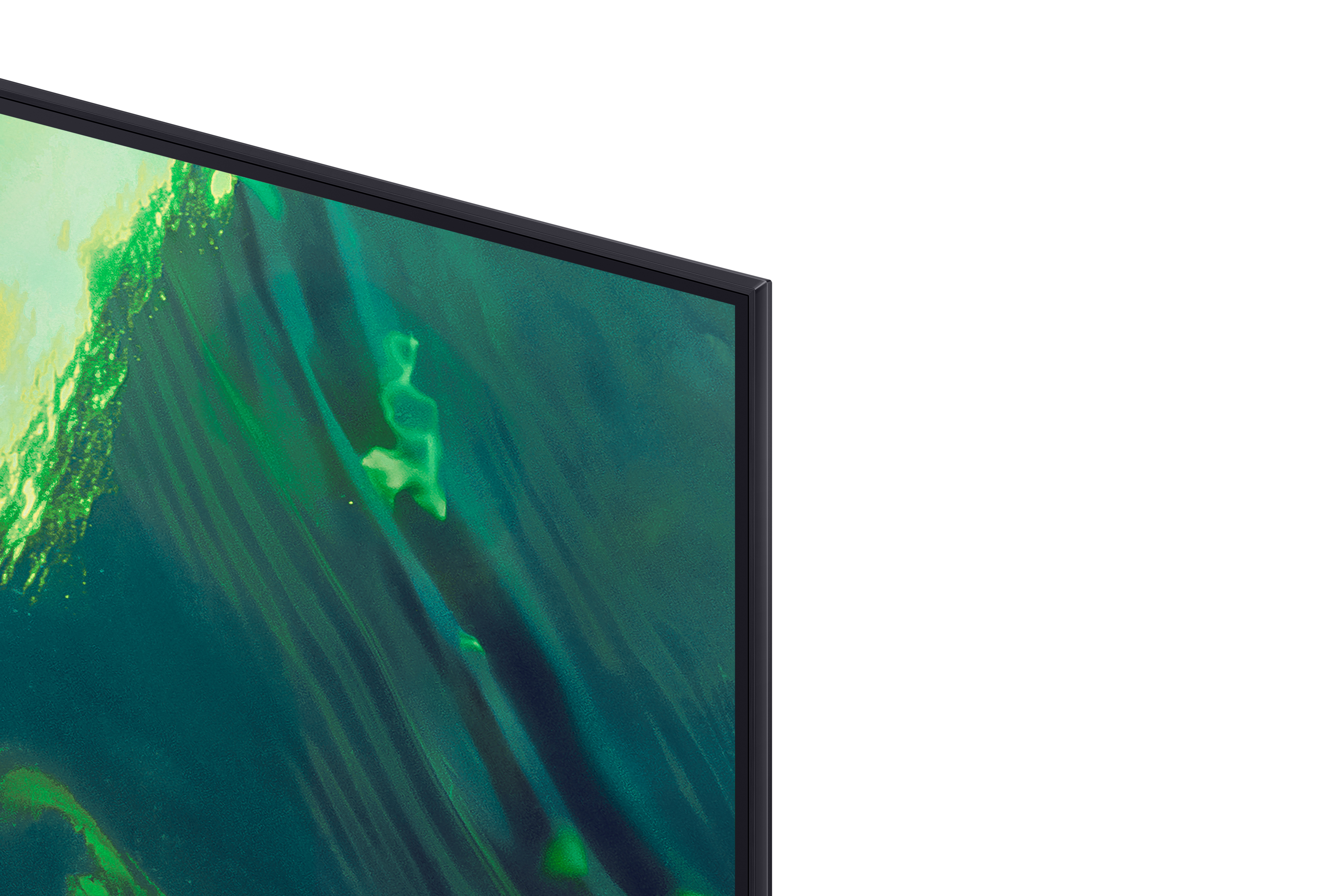 Zbliżenie rogu telewizora. Ekran wyświetla zielono-niebieską fakturę wody. Ma czarną ramkę.