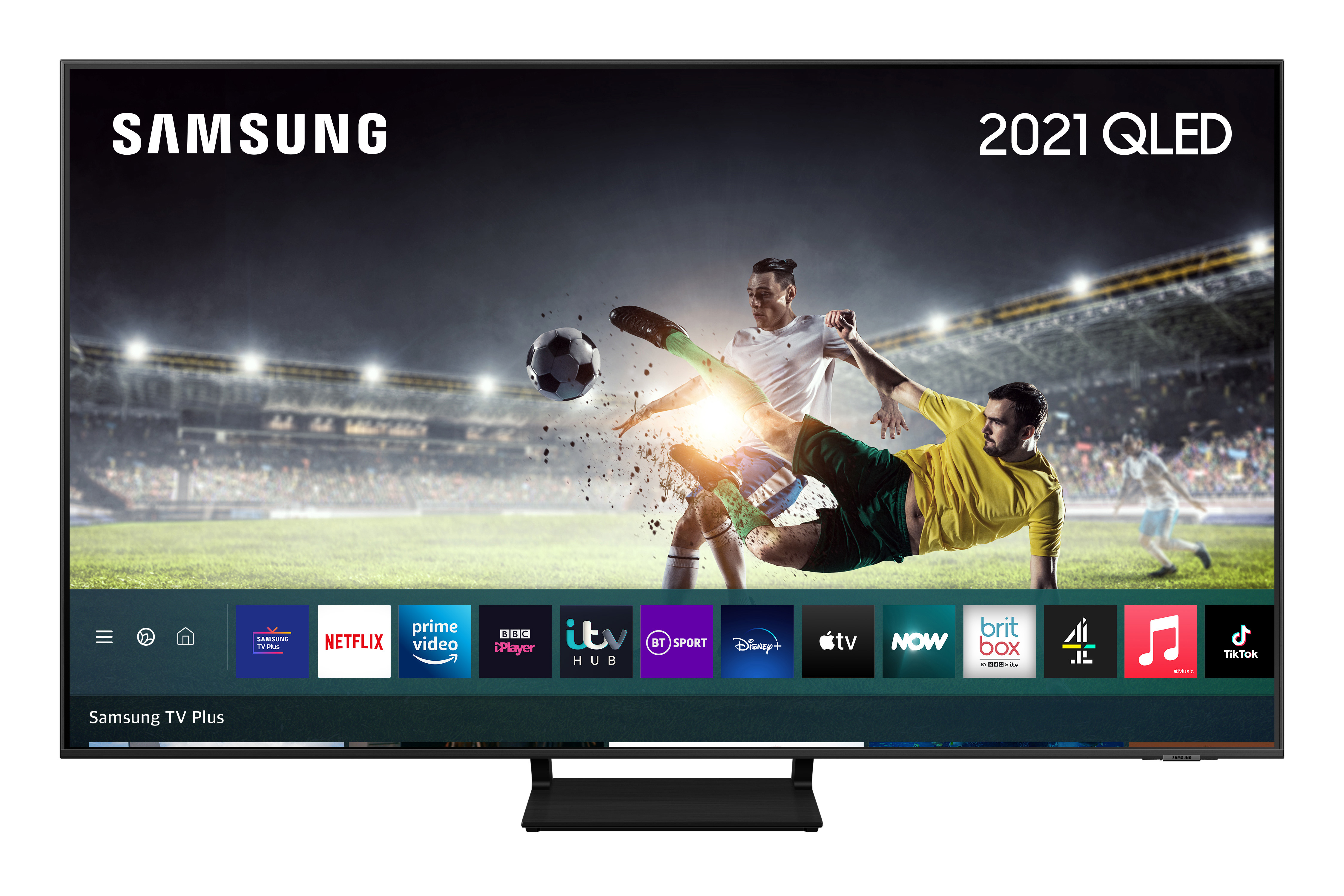 Telewizor Samsung wyświetlający mecz piłki nożnej z wieloma ikonami aplikacji. Czarna ramka i podstawa. Białe tło.