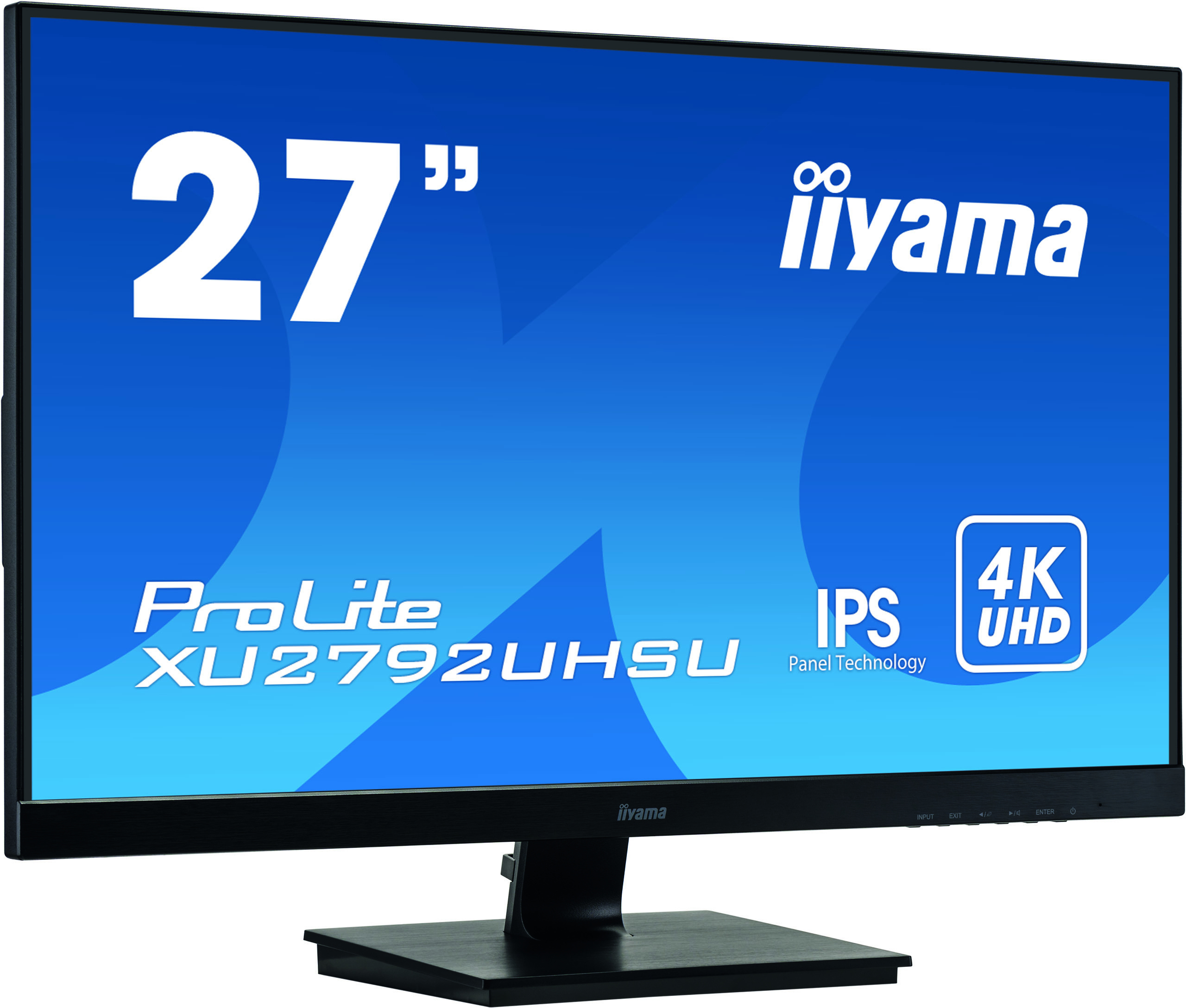 iiyama 27" Monitor mit blauem Bildschirm und weißem Text. Schwarzer Rahmen und Ständer, 4K UHD.