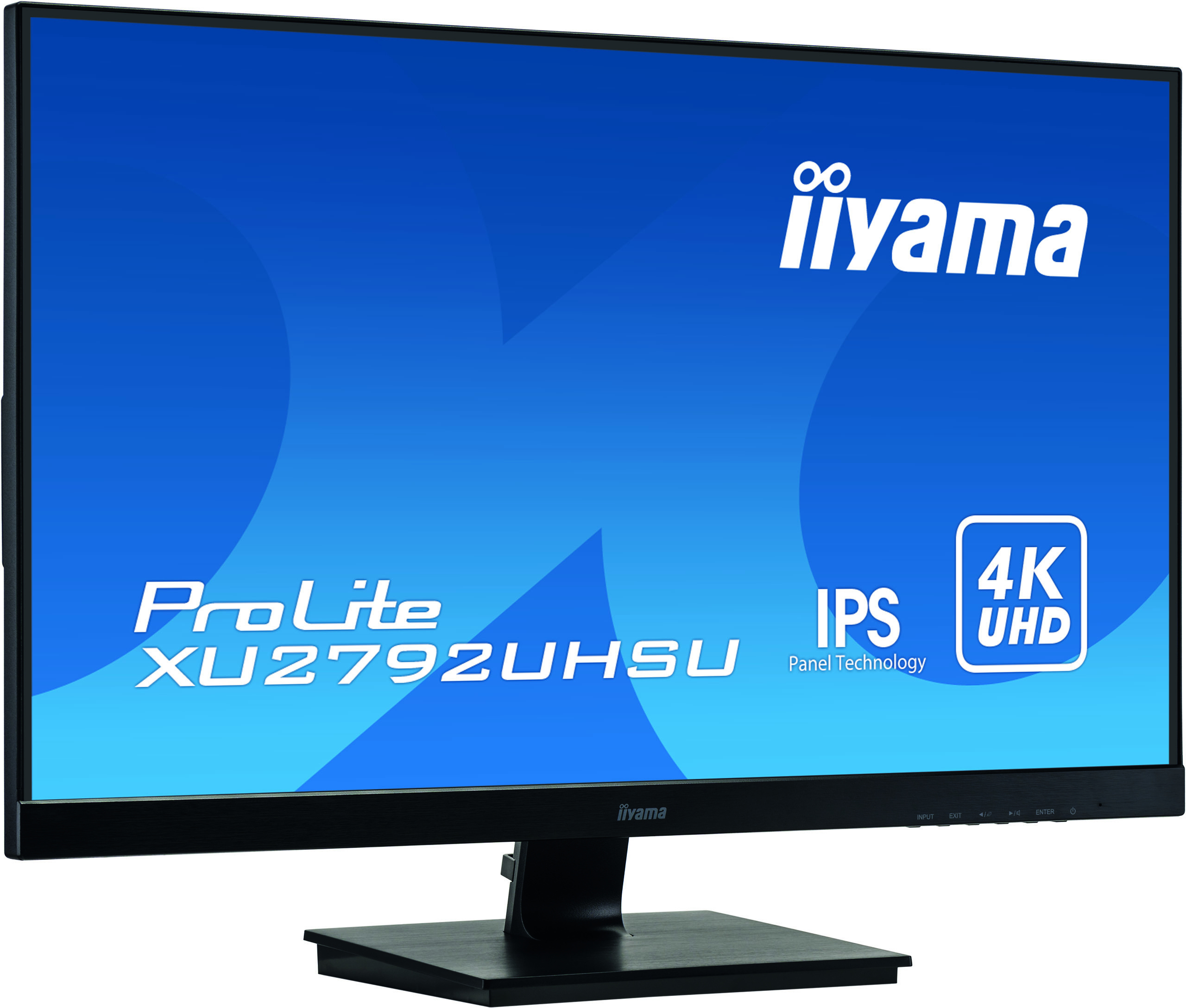 Iiyama Monitor. Schwarzer Rahmen, blauer Bildschirm mit Text: ProLite, XU2792UHSU, IPS, 4K UHD und iiyama Logo.