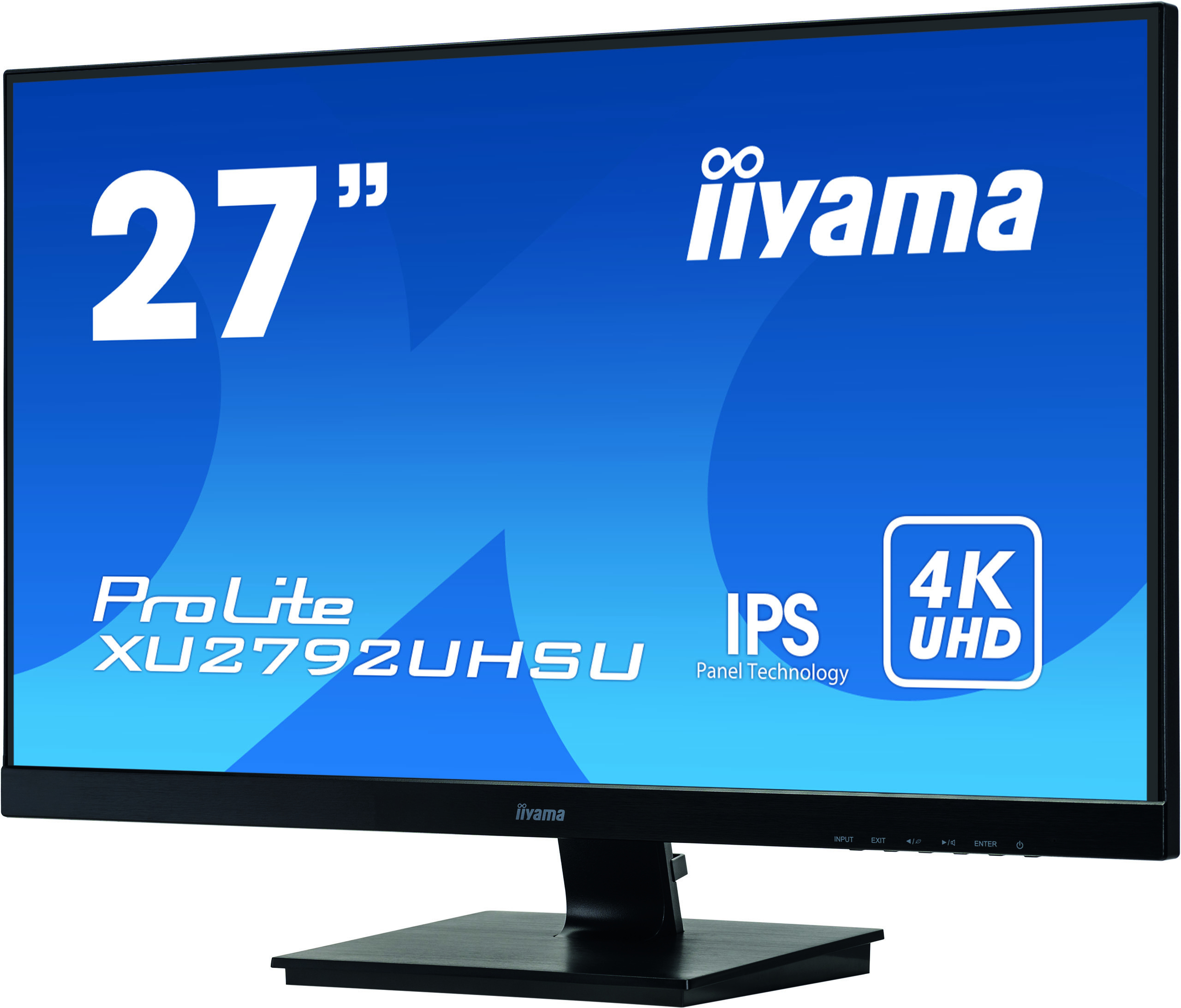 27-Zoll-Computermonitor, schwarzer Rahmen, blauer Bildschirm und die Marke Iiyama.
