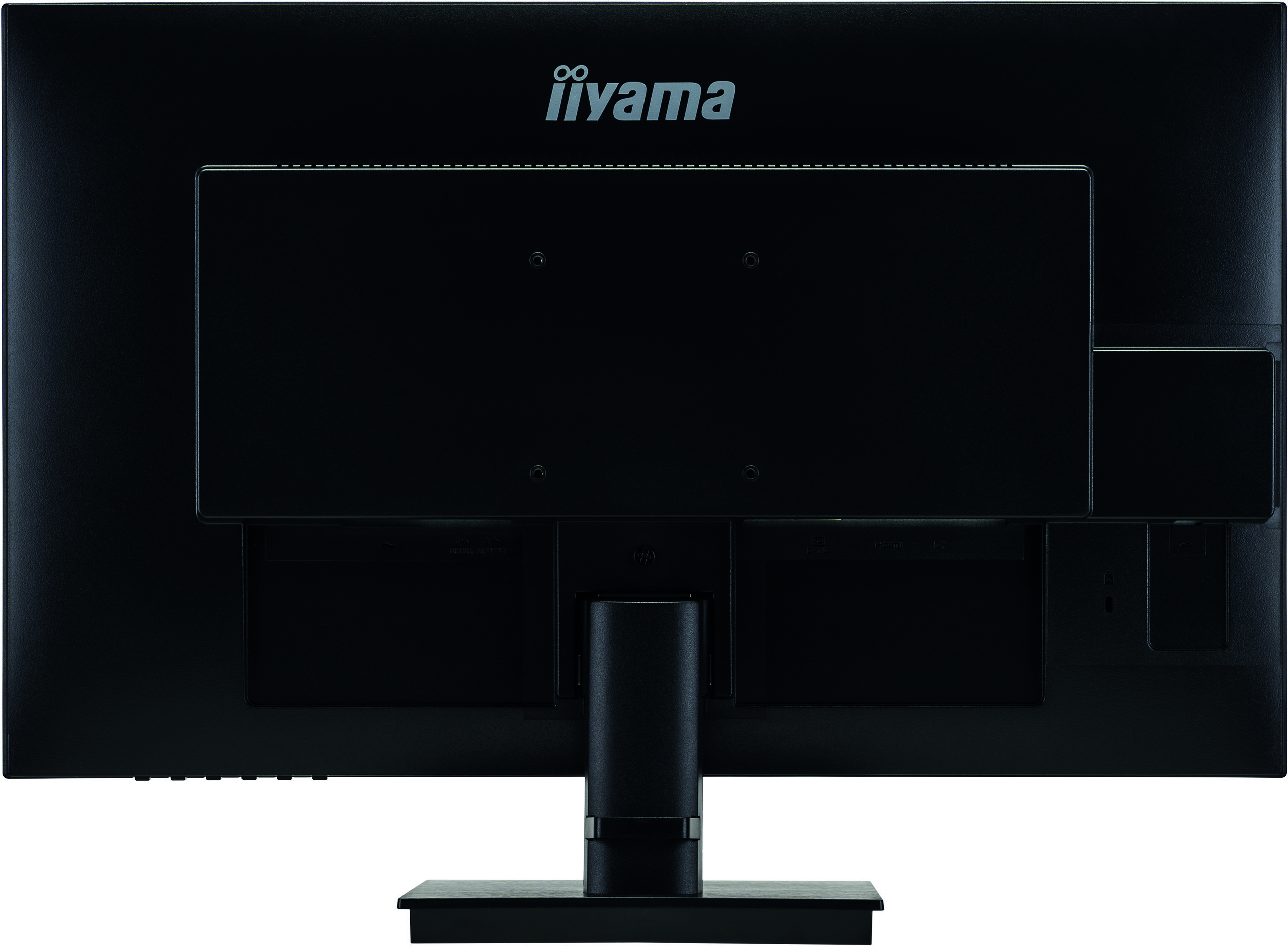 Rückseite eines schwarzen Monitors mit Anschlüssen. Der Ständer ist schwarz.