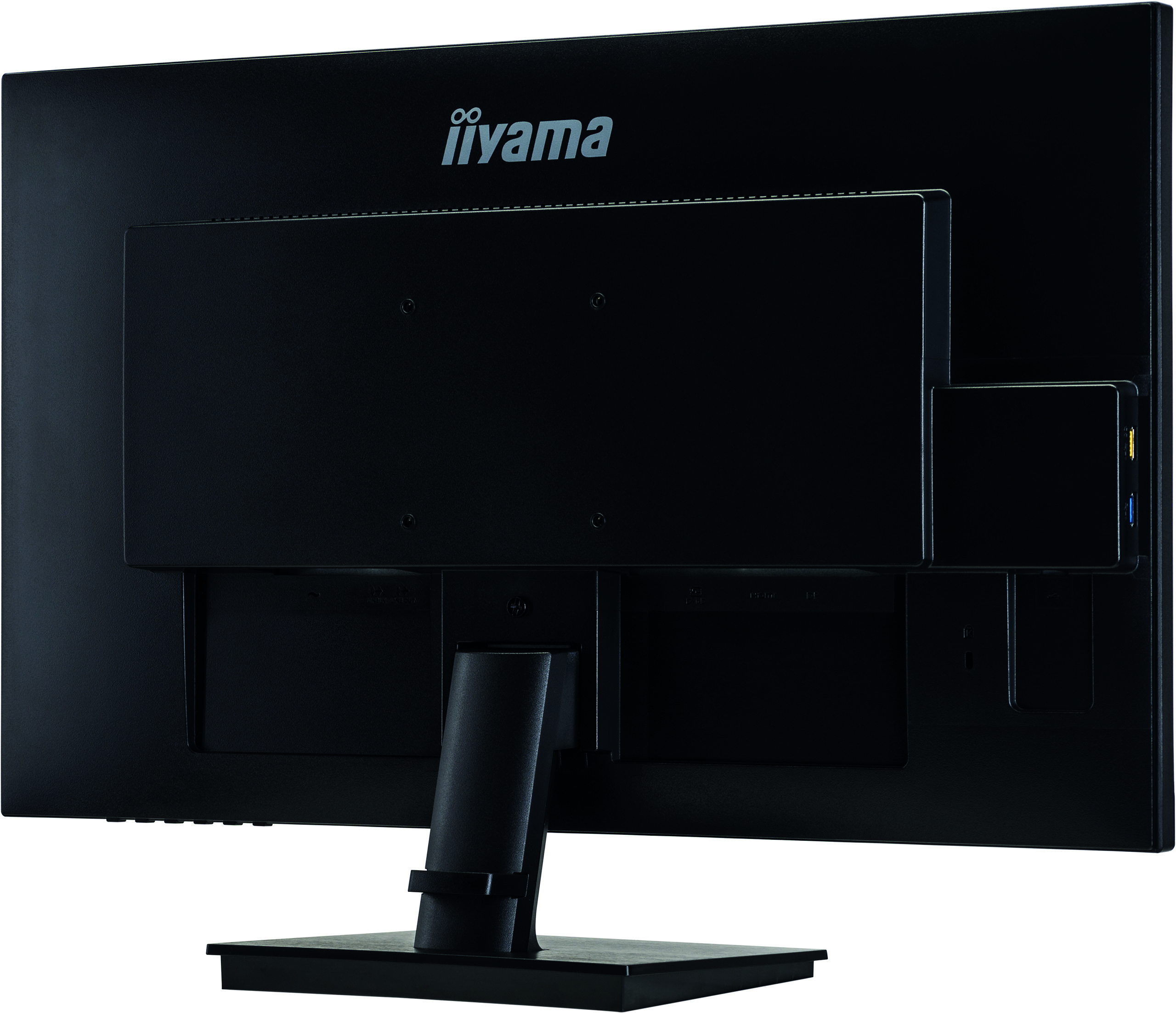 Rückansicht eines schwarzen Computermonitors. Der Ständer ist ebenfalls schwarz.