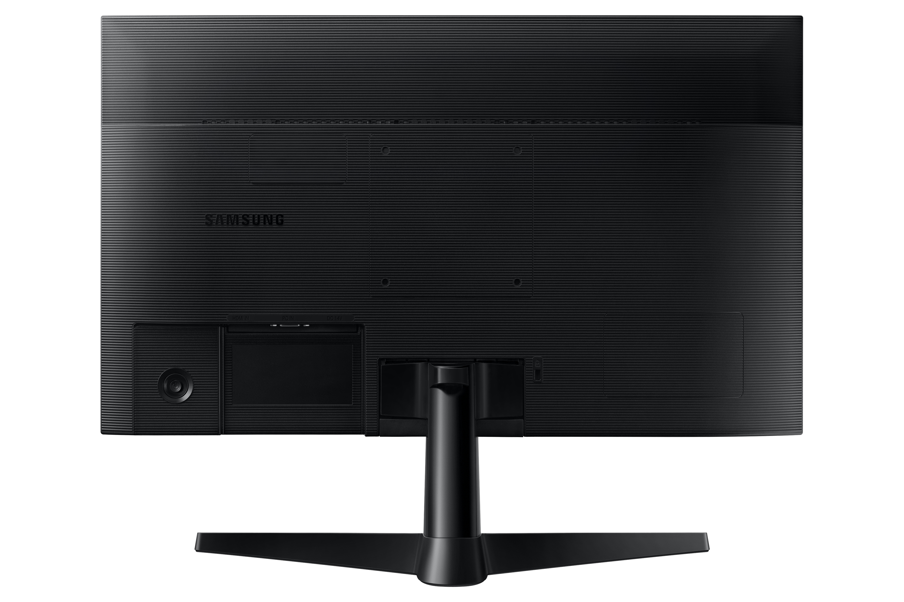 La parte posteriore di un monitor Samsung nero con porte e attacco per supporto, altoparlante e ventilazione.