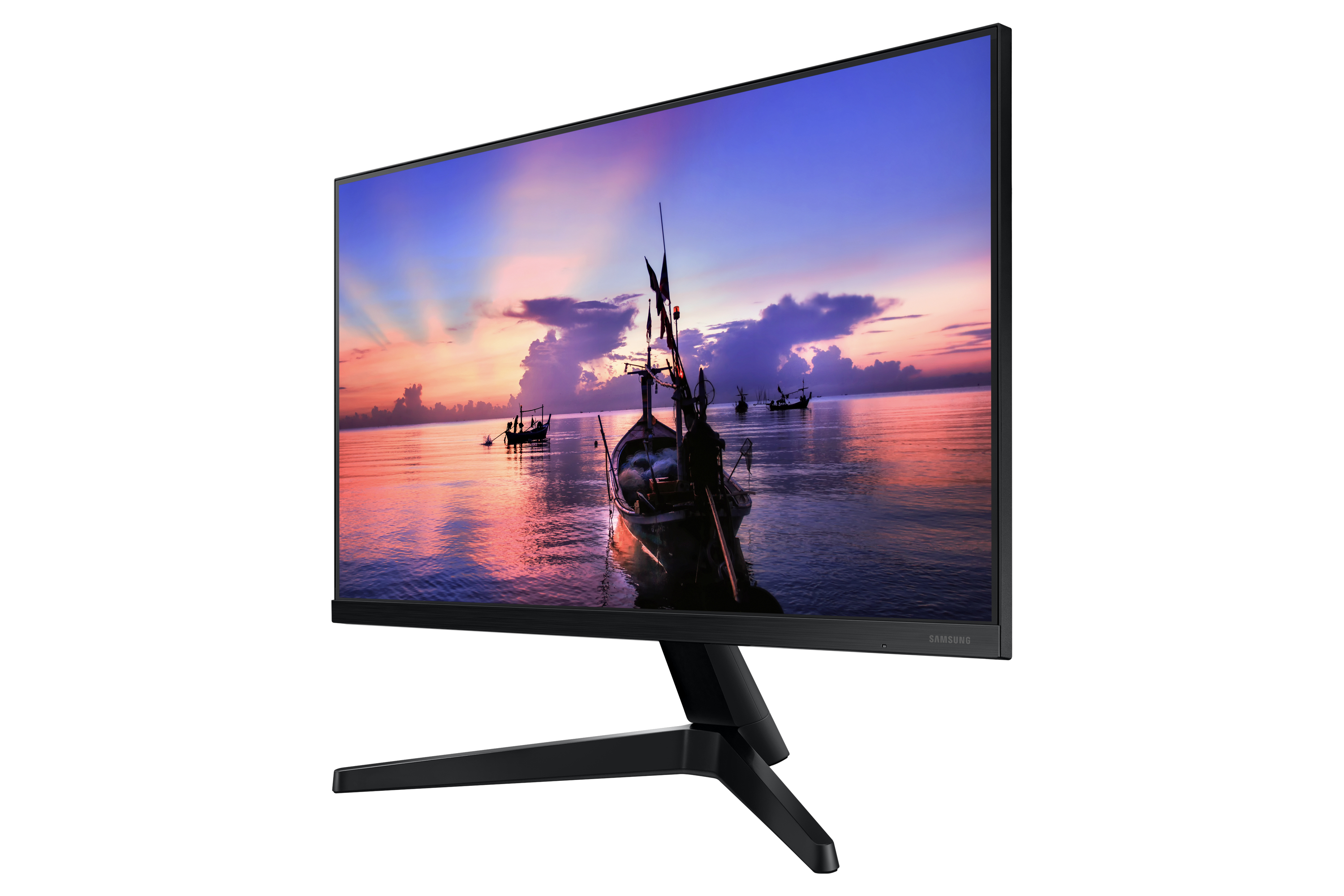 Monitor che mostra una scena del tramonto sul mare. Sfondo bianco.