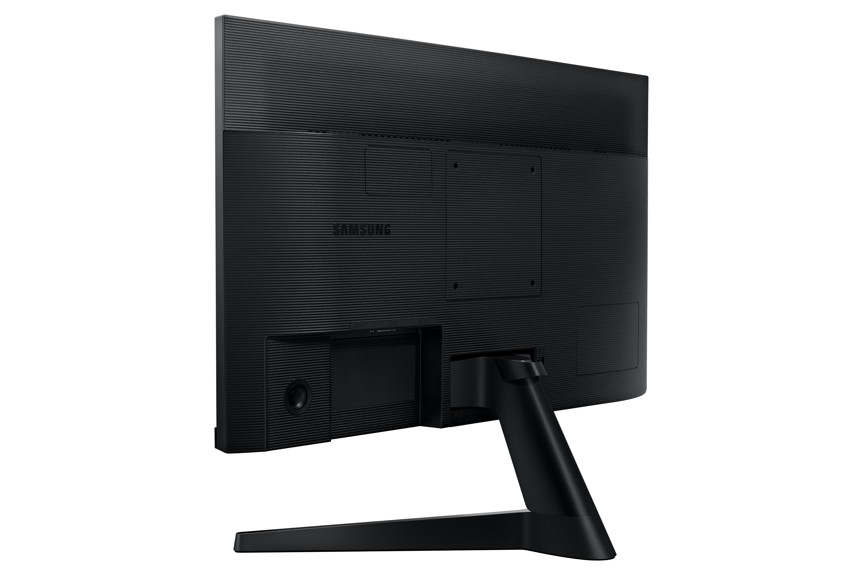 Retro del monitor Samsung con porte e supporto, vista angolata.