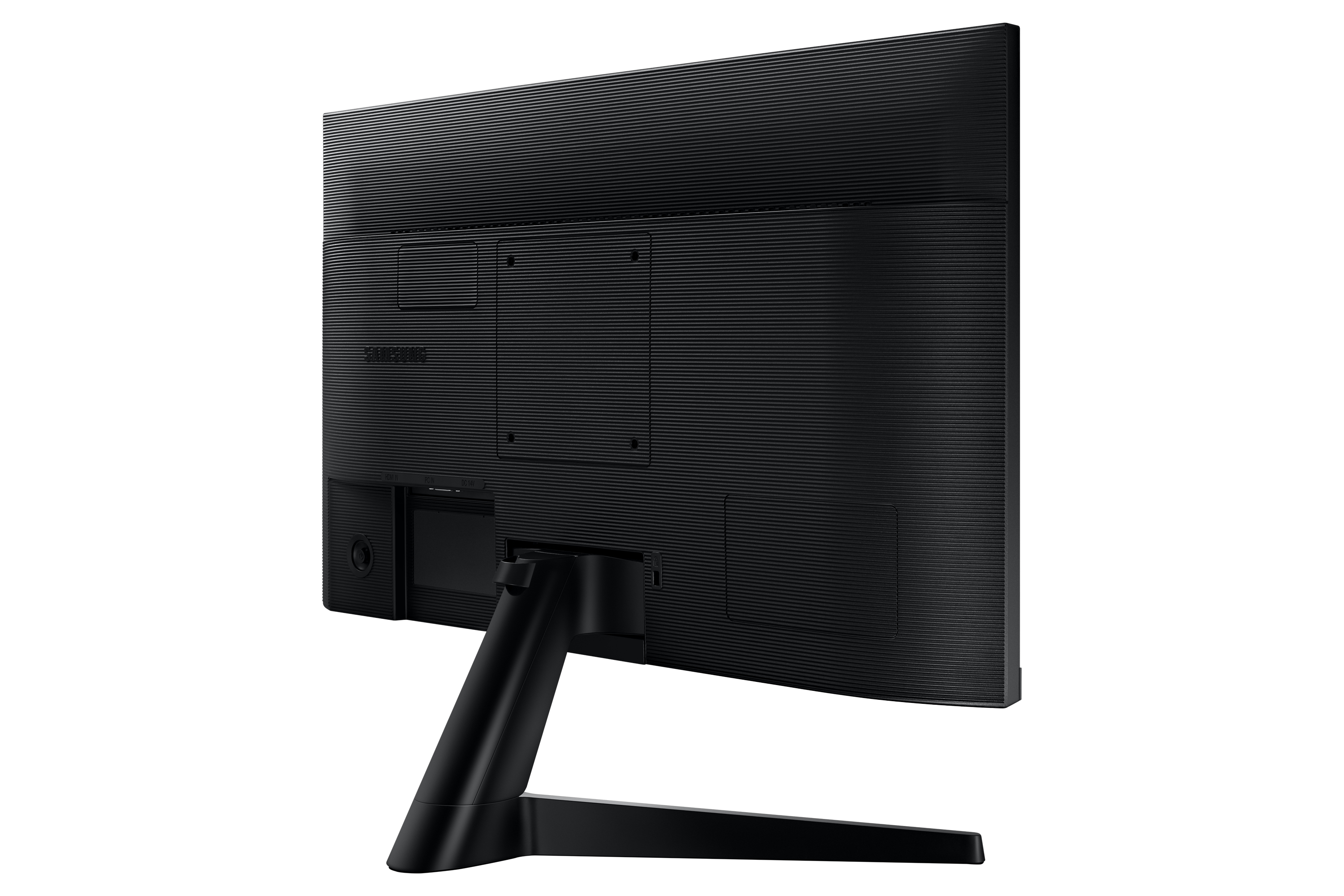Il retro di un monitor con un supporto, in bianco e nero.