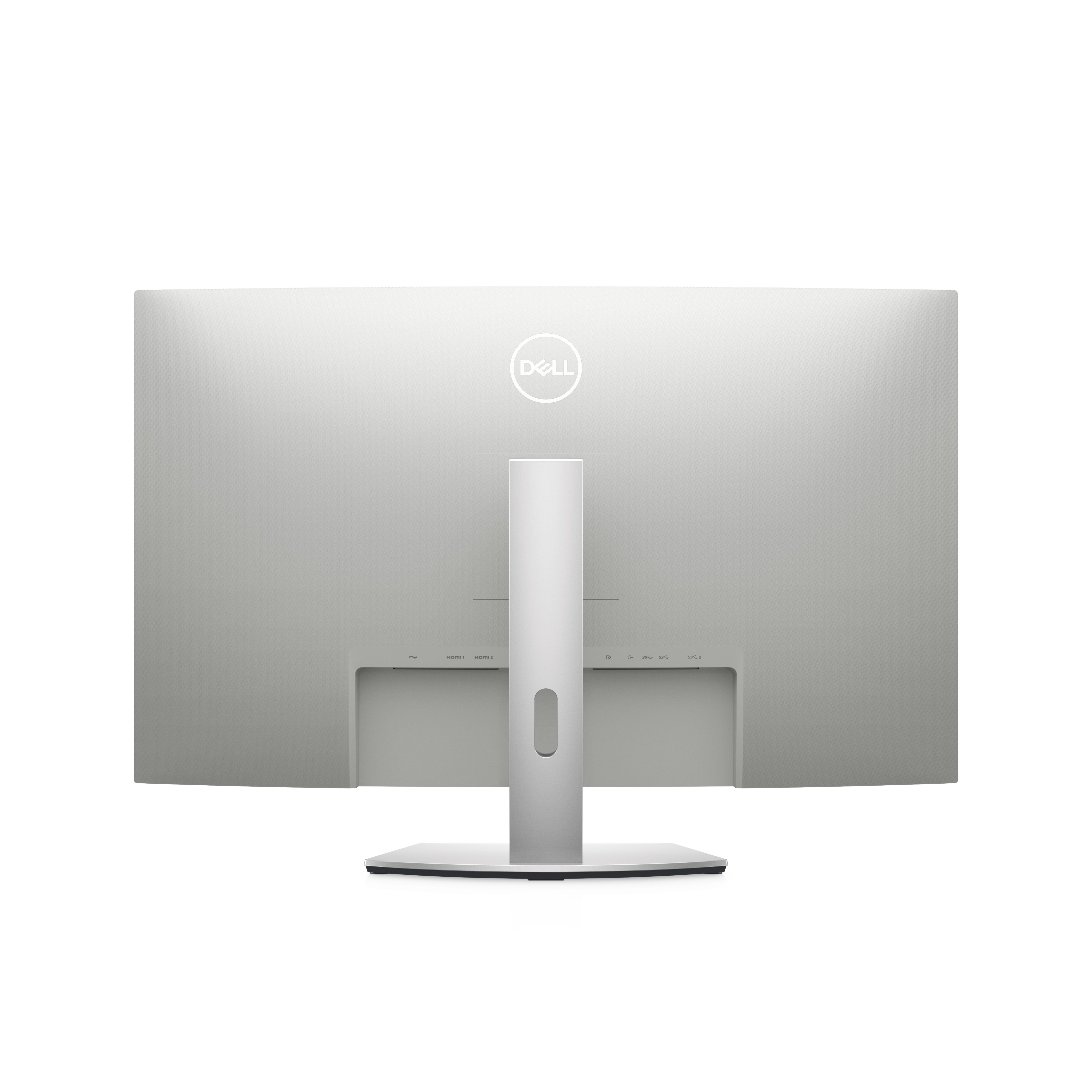 Gümüş renkli bir Dell bilgisayar monitörünün arkası. Dell logosu üst ortada görülebilir.