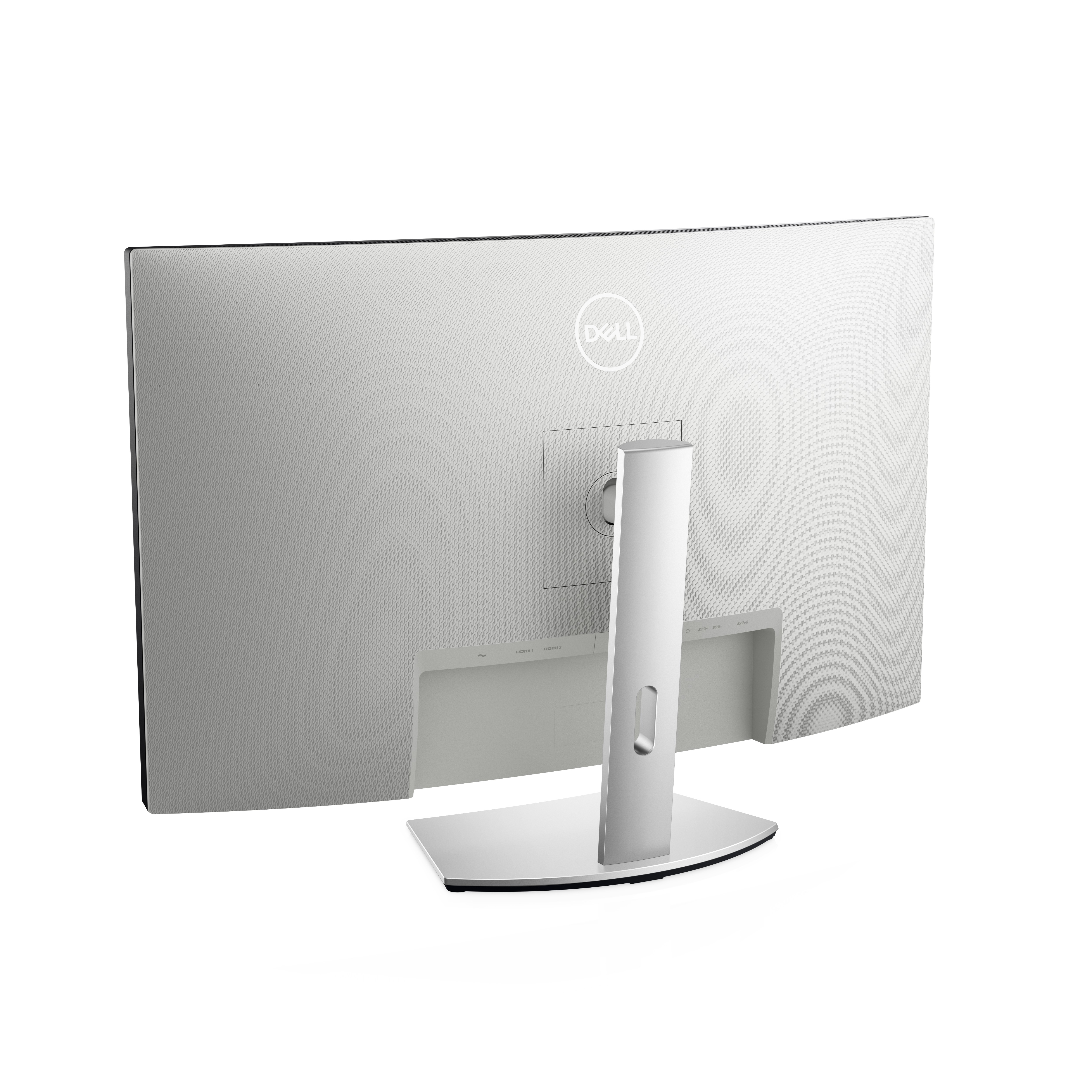 Gümüş ve beyaz bir monitörün arka görünümü. Arka tarafı Dell logosu ile beyazdır. Stand beyaz ve gümüştür.