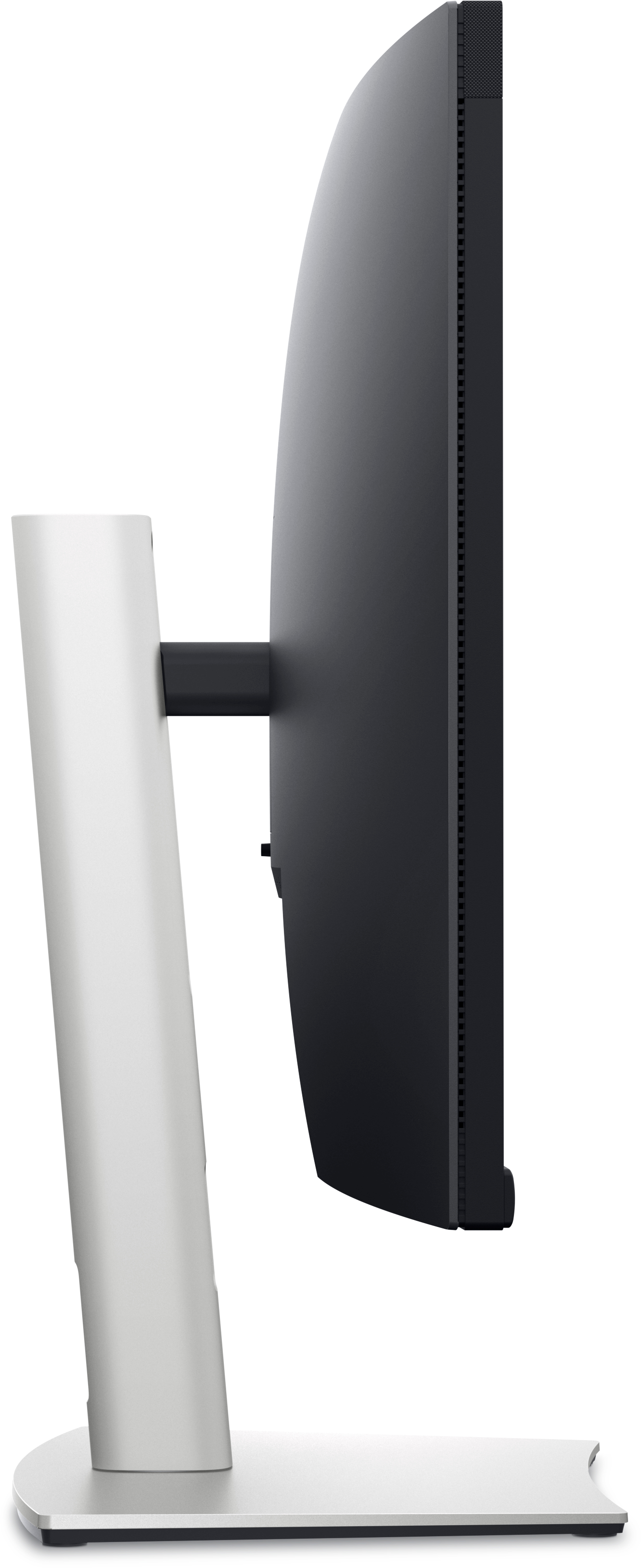 Widok z boku srebrnego monitora z czarnym ekranem i białą podstawą.