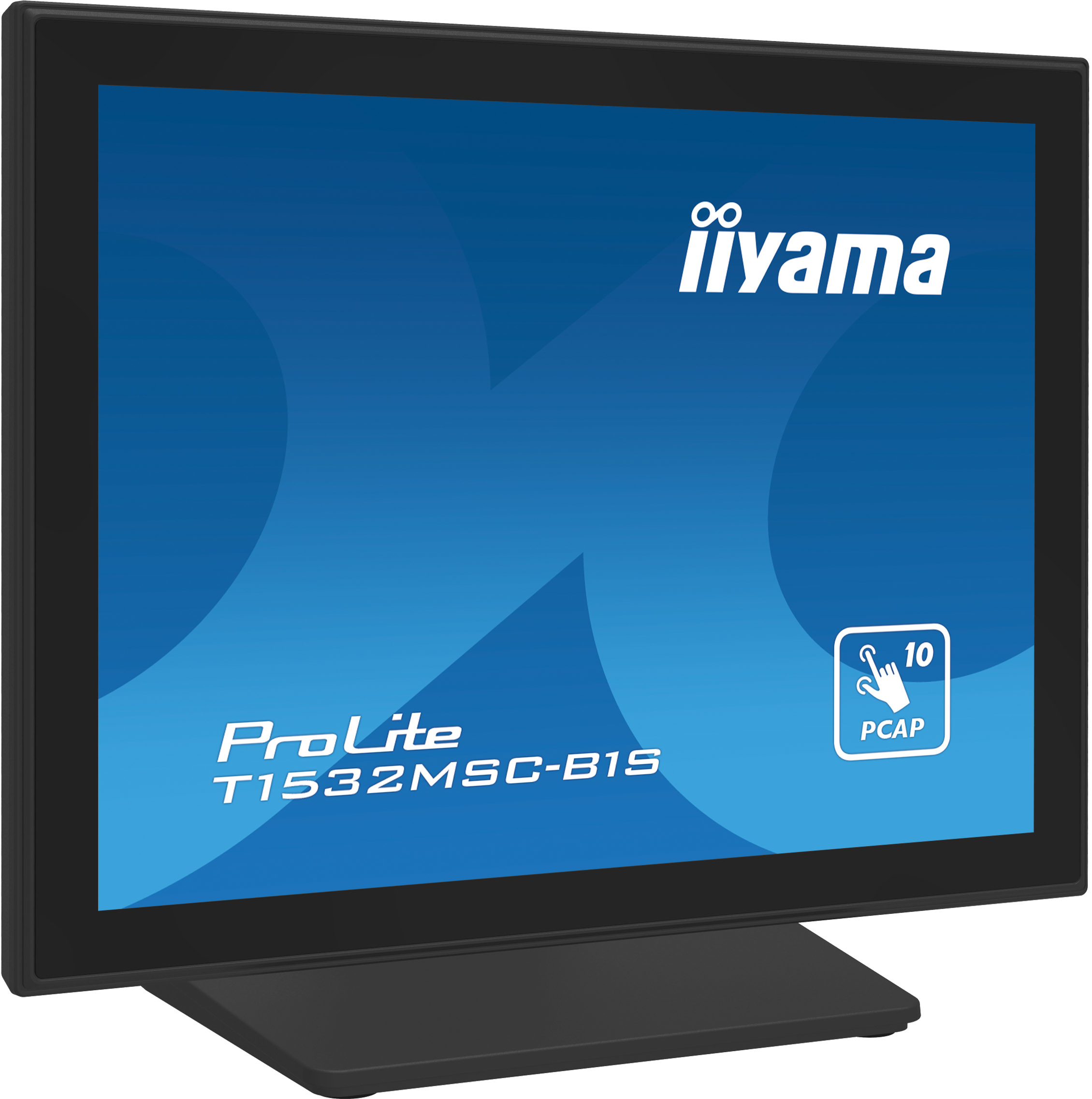 Czarny monitor iiyama ProLite z ekranem dotykowym. Ekran wyświetla niebieski wzór.
