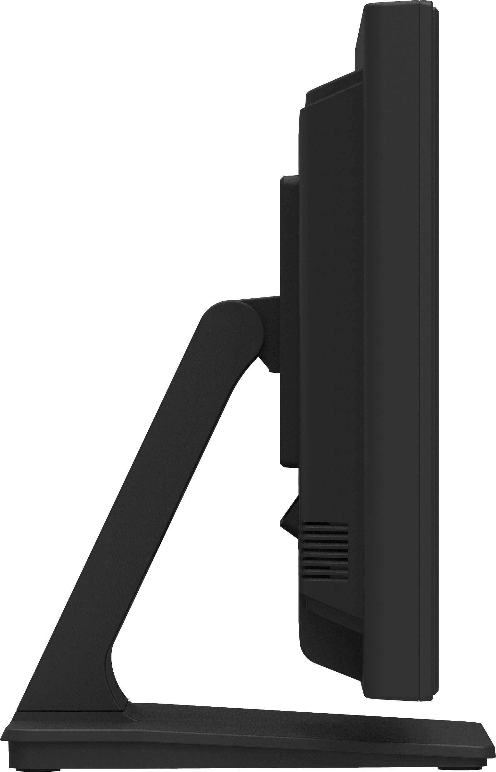 Widok z boku czarnego monitora z czarną podstawą. Białe tło.