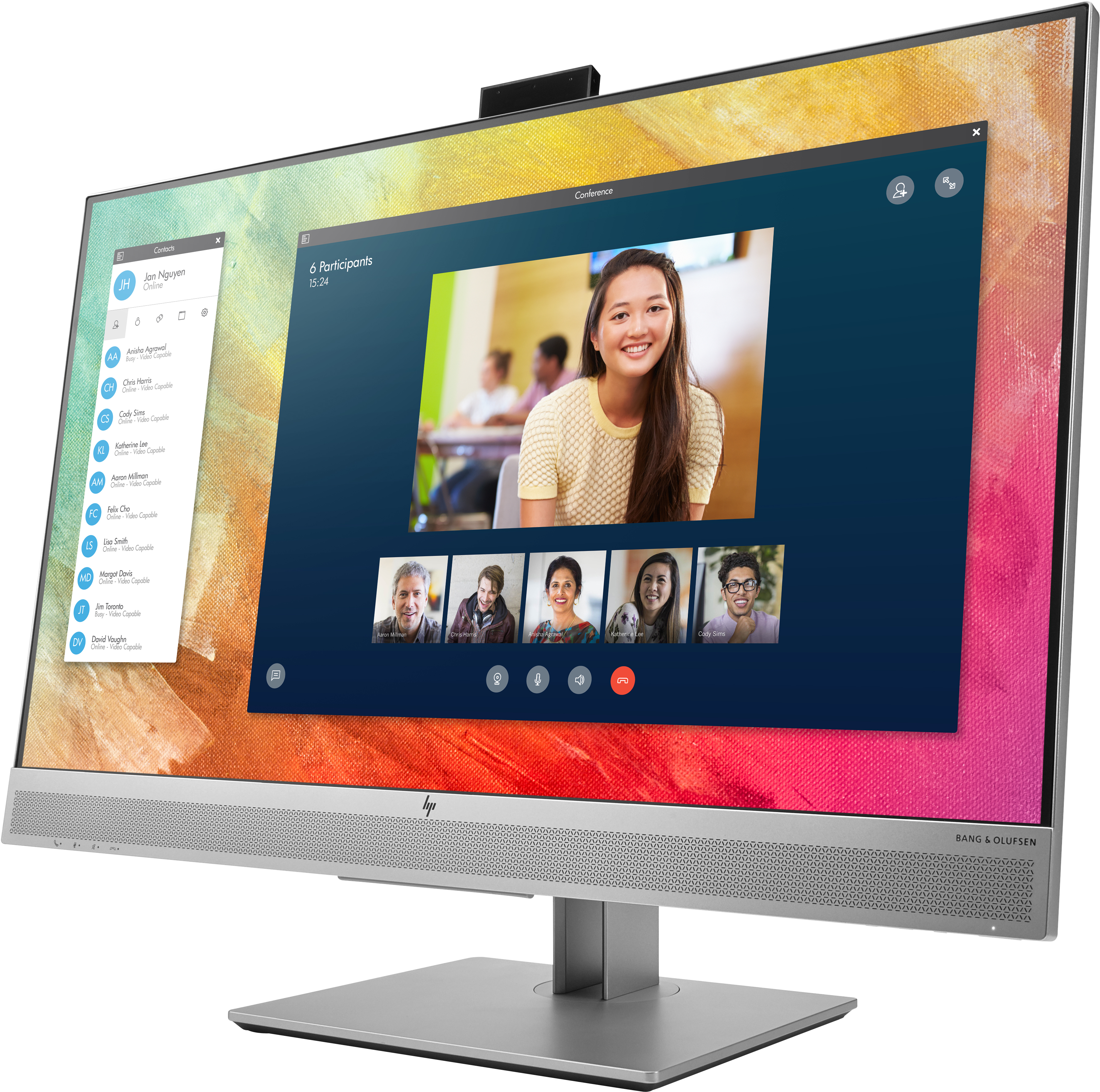 Monitor HP con videoconferenza sullo schermo. Cornice e supporto argentati. Sfondo colorato.