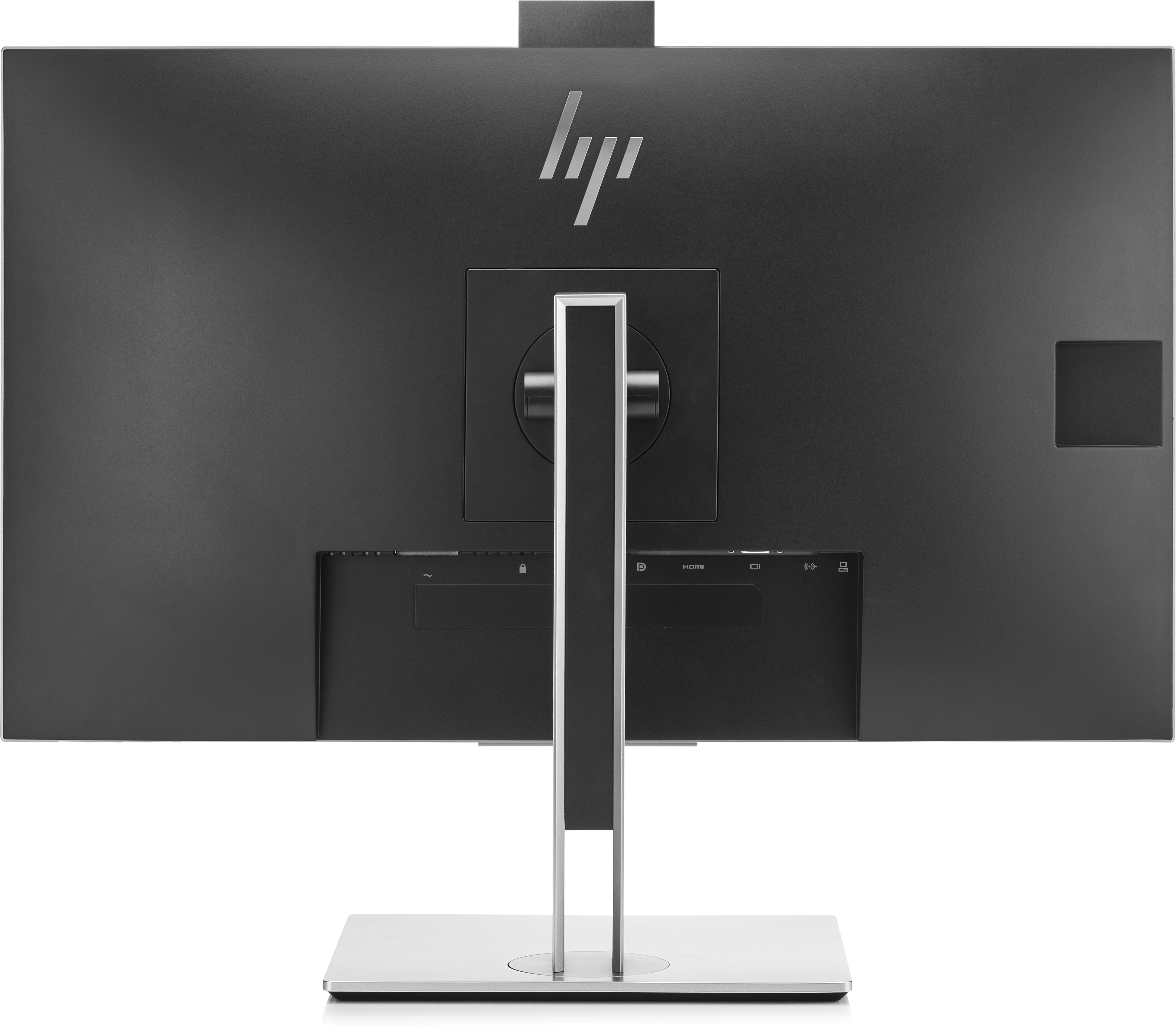 Retro di un monitor nero con logo HP, supporto e porte. Il supporto è argentato.
