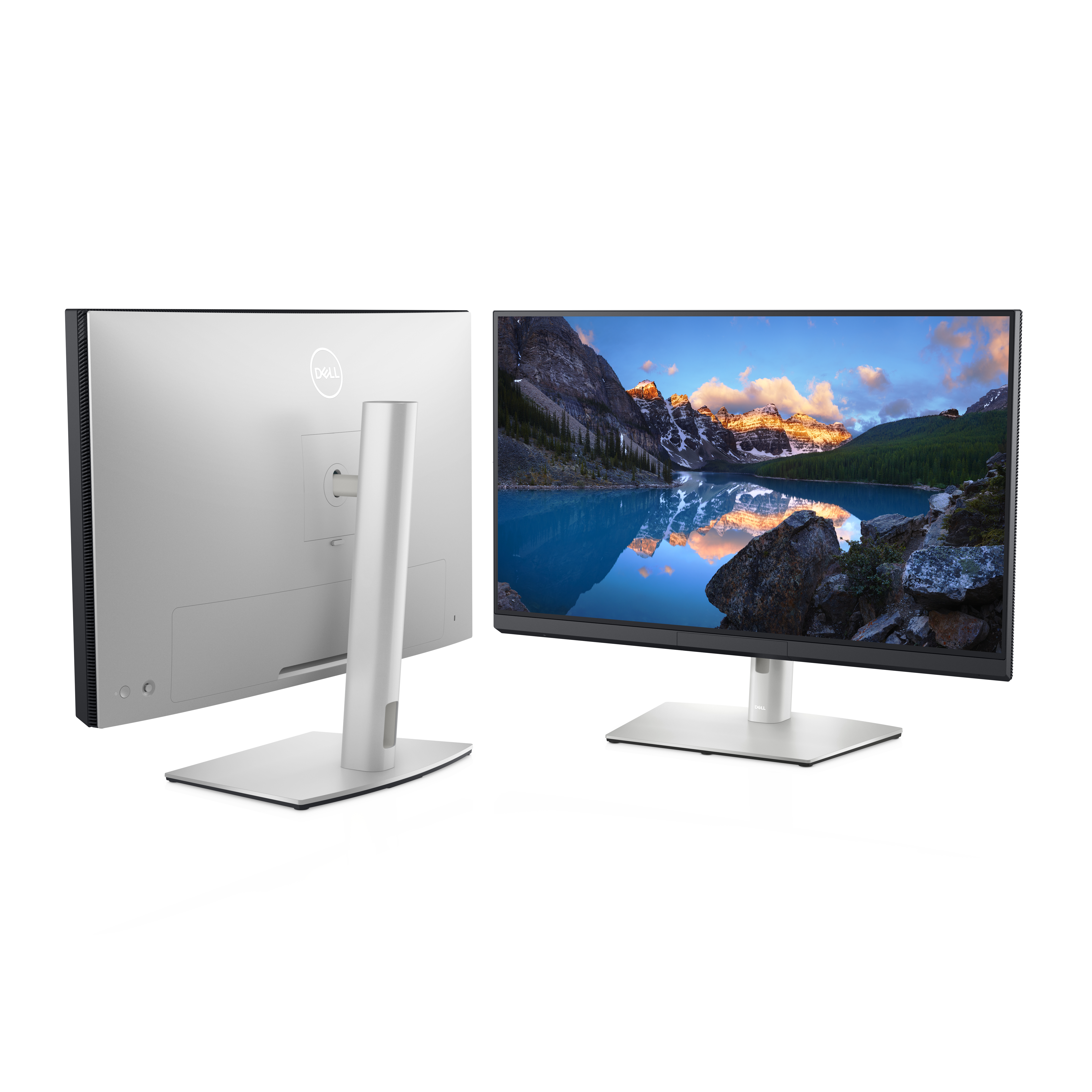 Zwei Monitore, einer vorne mit See, einer hinten. Beide haben silberne Ständer.