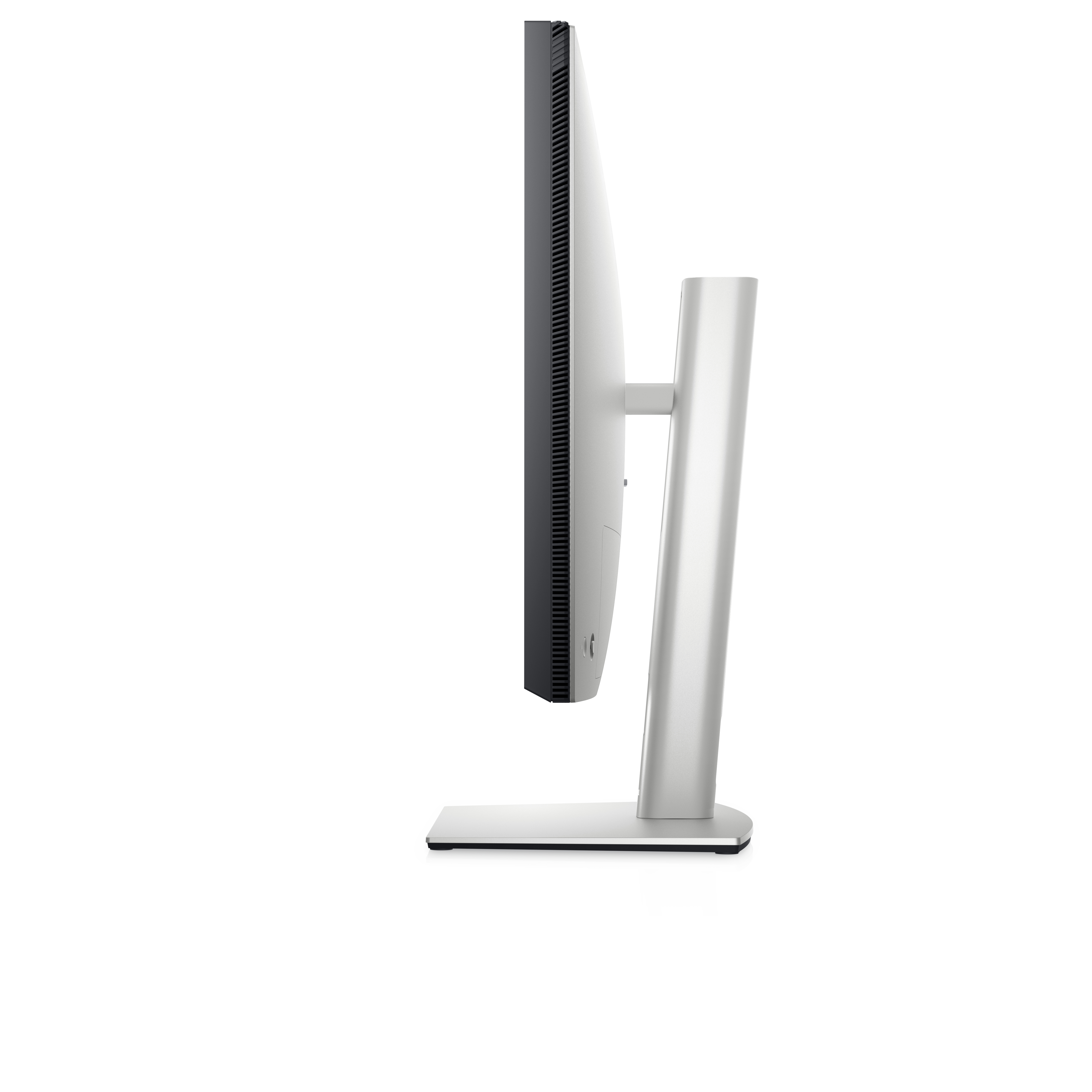 Seitenansicht eines modernen, silber-schwarzen Monitors auf weißem Hintergrund. Schlankes Design.