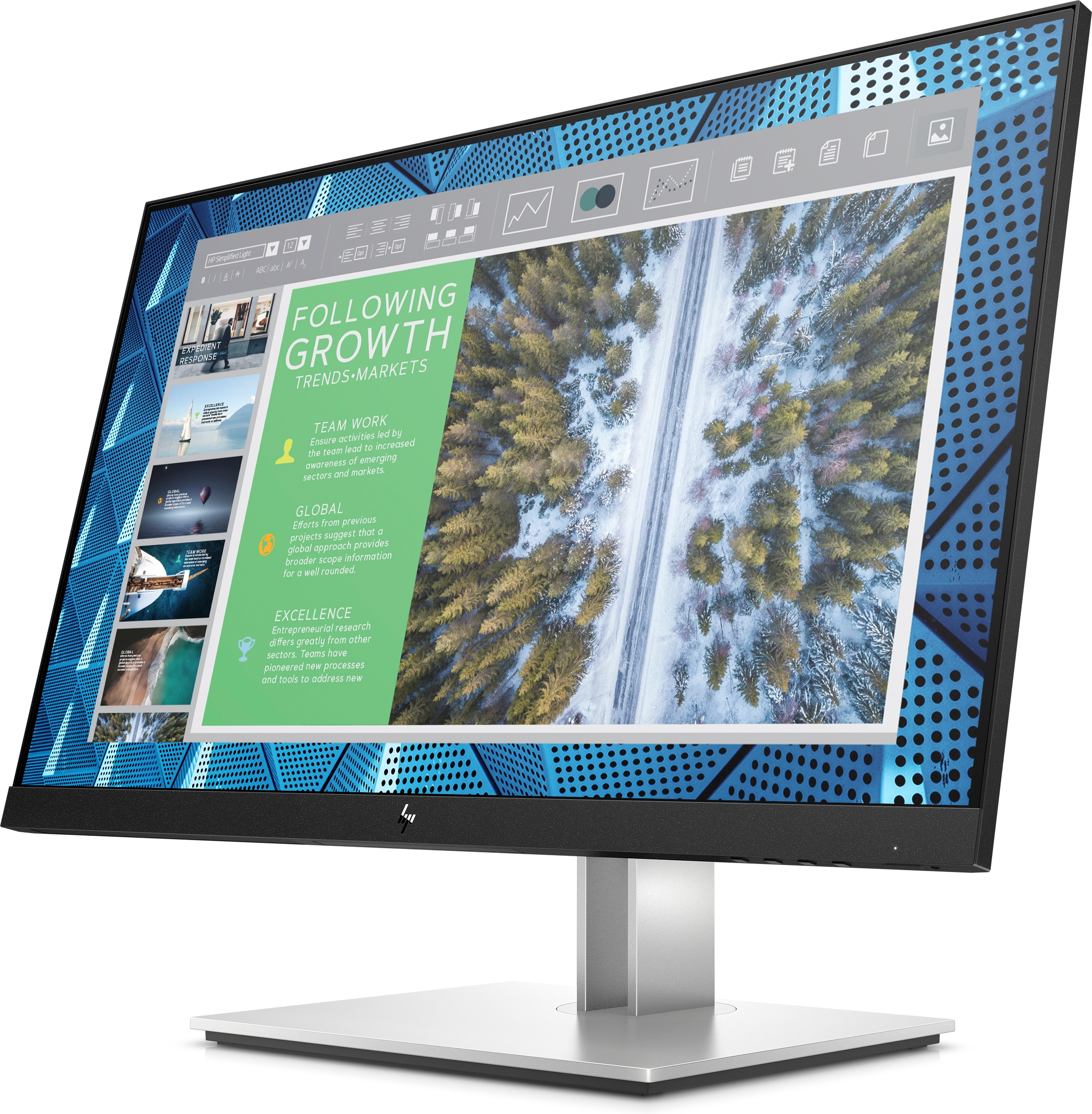 Un monitor con uno schermo di presentazione che mostra una strada forestale e testo.