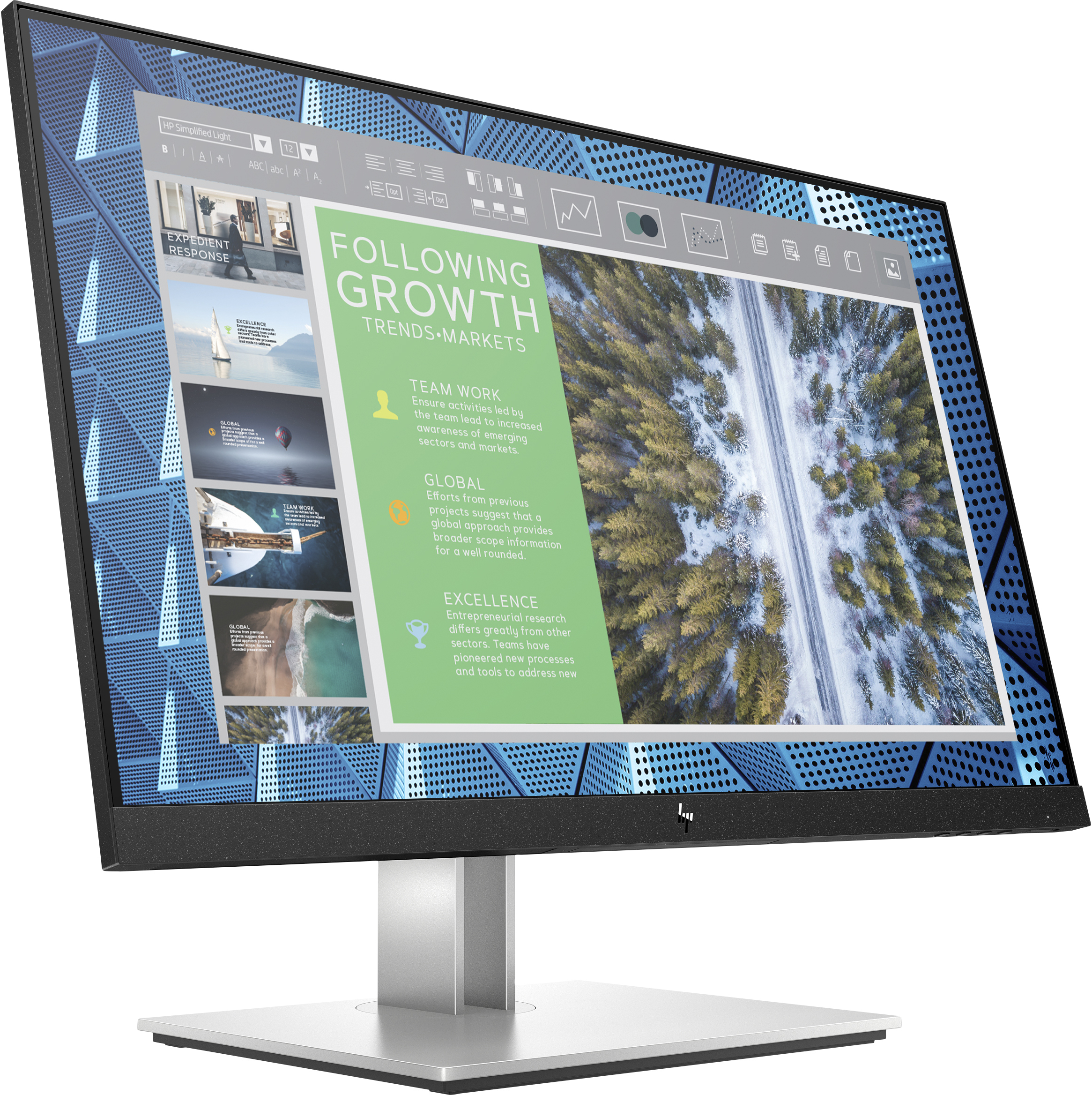 Il monitor del computer visualizza un documento. Cornice blu e nera, supporto. Sfondo bianco.