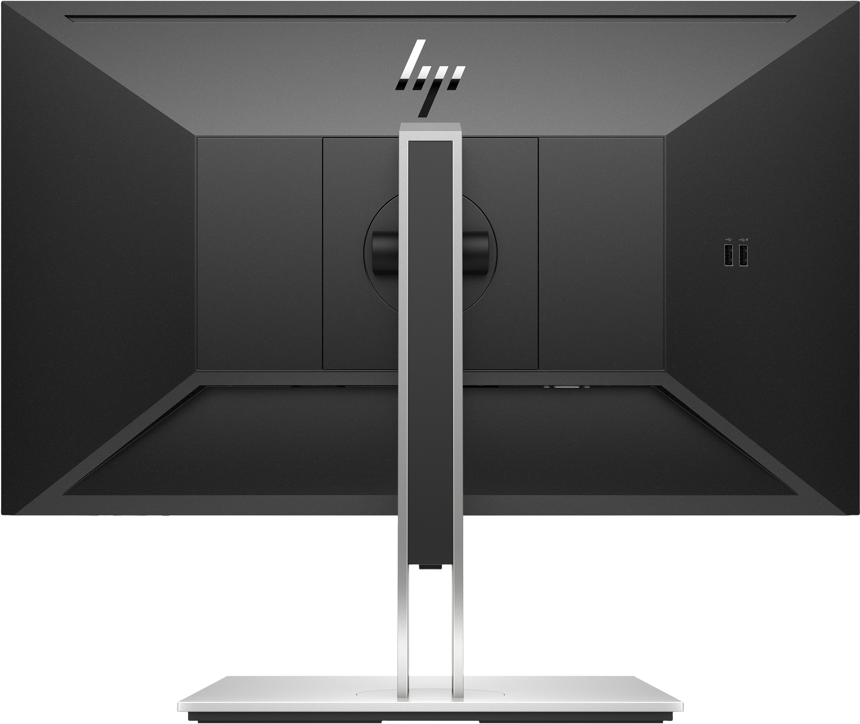 Retro di un monitor nero con logo HP, supporto e porte.